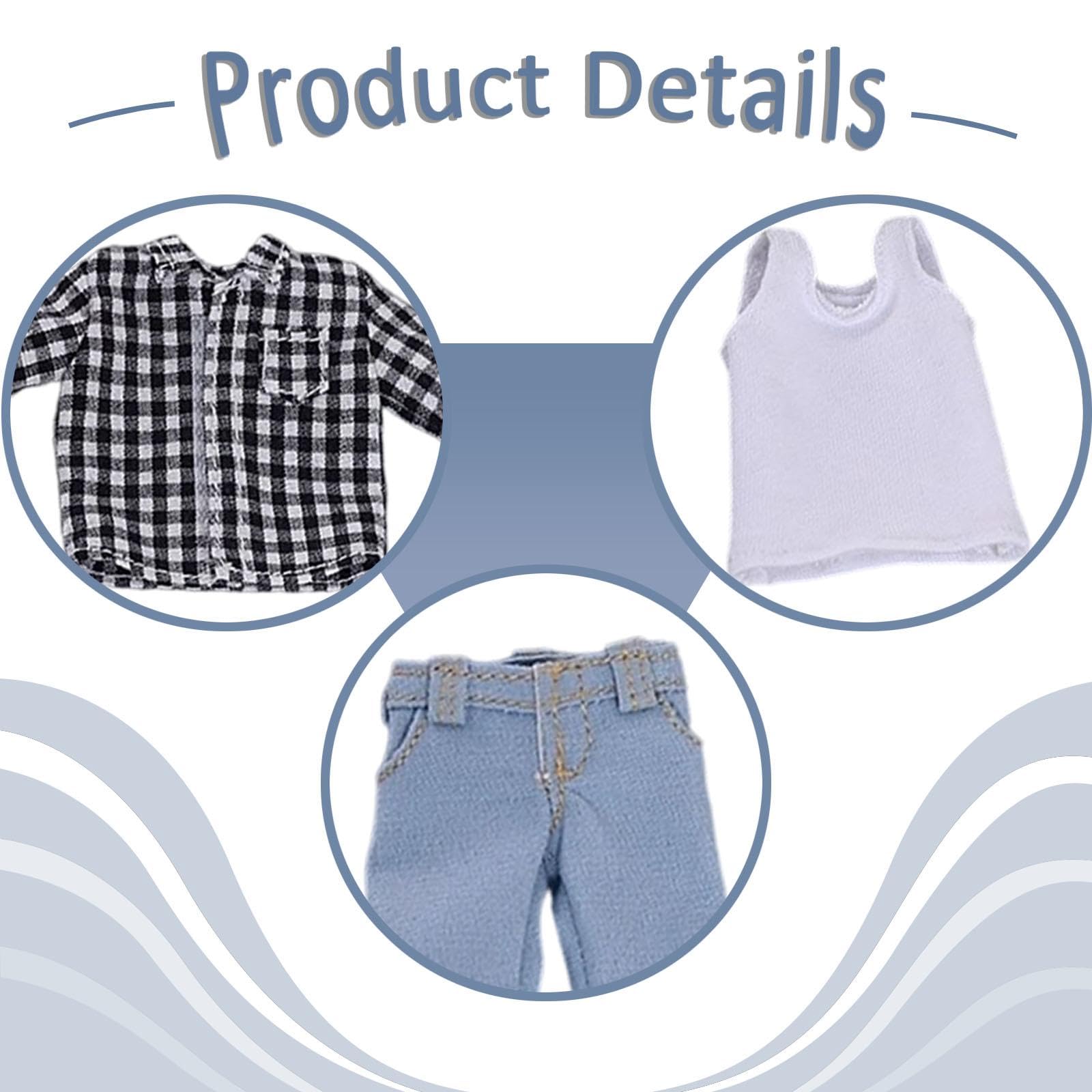 3 Stück Puppenhemd Herrenpuppen Kleidung Weste Jeans Hose Set Aus Stoff für 1/12 BJD Puppen für Dekoration Spiel Figureninszenierung, Schwarzes Weißes Netz