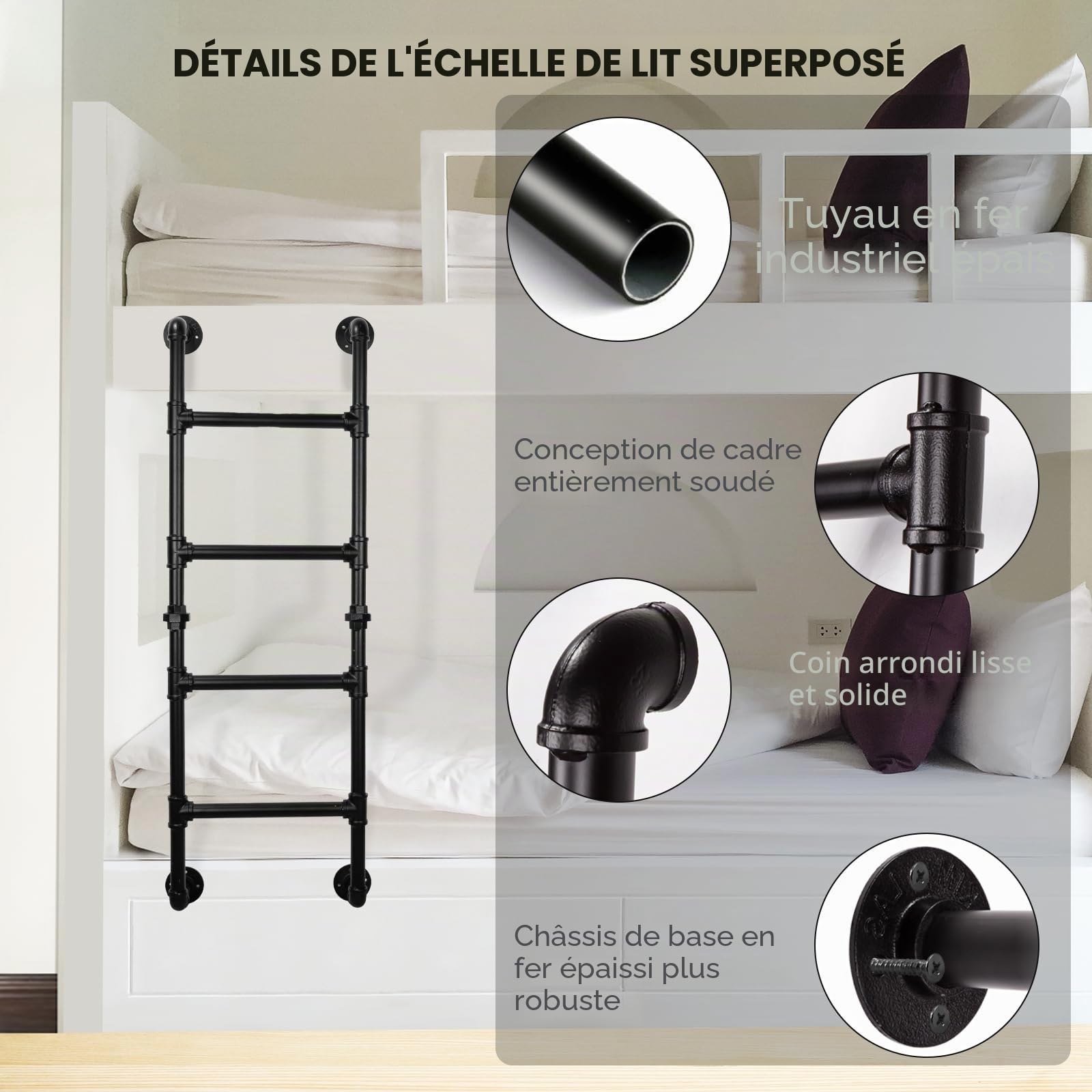 Échelle Murale lit superposé 100cm, escabeau métallique 3 marches | Style industriel fer forgé, charge 150kg, intérieur/extérieur, pour sous-sol, dortoir, grenier, mezzanine et puits de lumière
