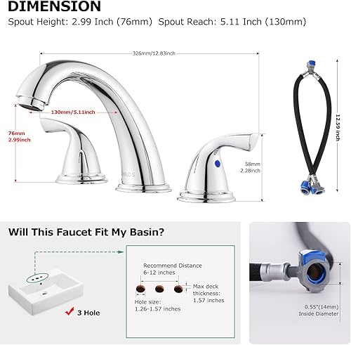 Miniatura 5 de PARLOS Grifo de lavabo de baño de 2 manijas de 8 pulgadas extendido 3 agujeros para montaje en cubierta, cromado, 1435001D