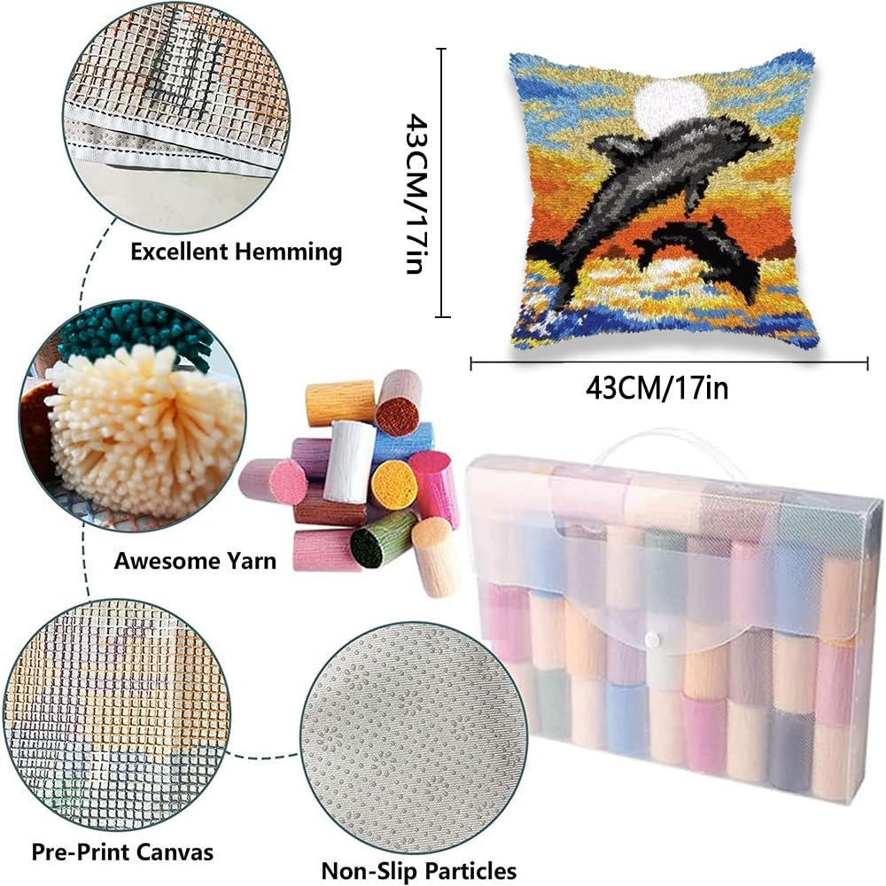 JILIP Kit Ganci di Chiusura per Adulti, Set di Tartarughe con Copertura per Cuscino Delfino Marino Fai da Te, Kit Artigianali per Federa per Cuscino in Filato per Divano, 17 * 17" (Color : Dolphin)
