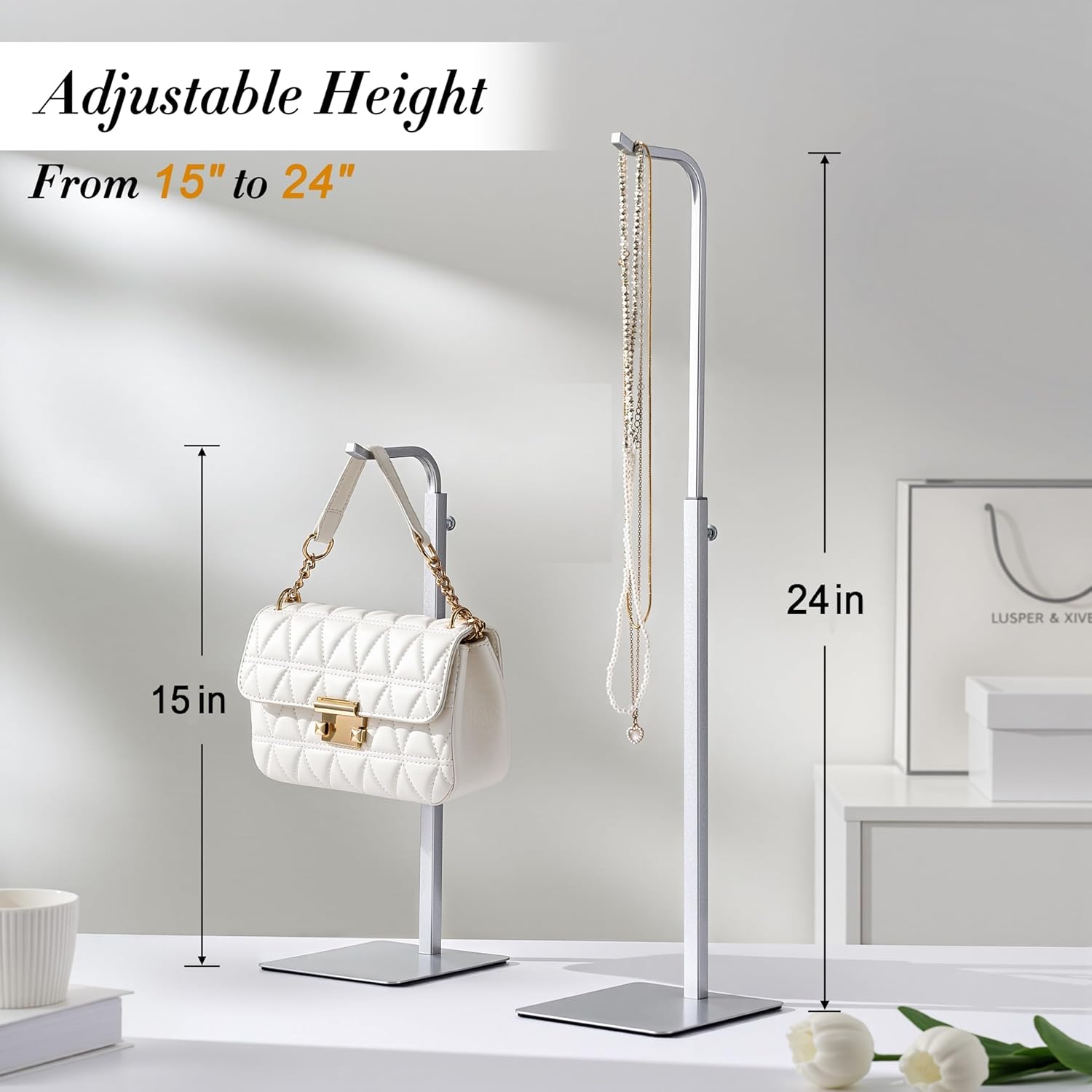 3 pcs Purse Holder Handbag Display Stand: Silver Hanger Rack for Bags, Purses, and Wreath, Adjustable Hook Stand for Tabletop, Closet, and Retail Use for Vendors - Image 4