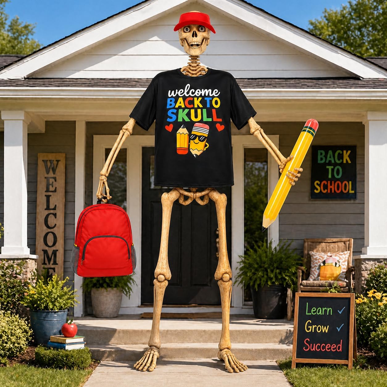 JcHrmers 12 ft Skeleton Outfits Pencil Theme Skeleton Costume Accessories Set T Shirt, Large Hat, Backpack and Inflatable Pencil for Back to School Garden Lawn Outdoor Decor