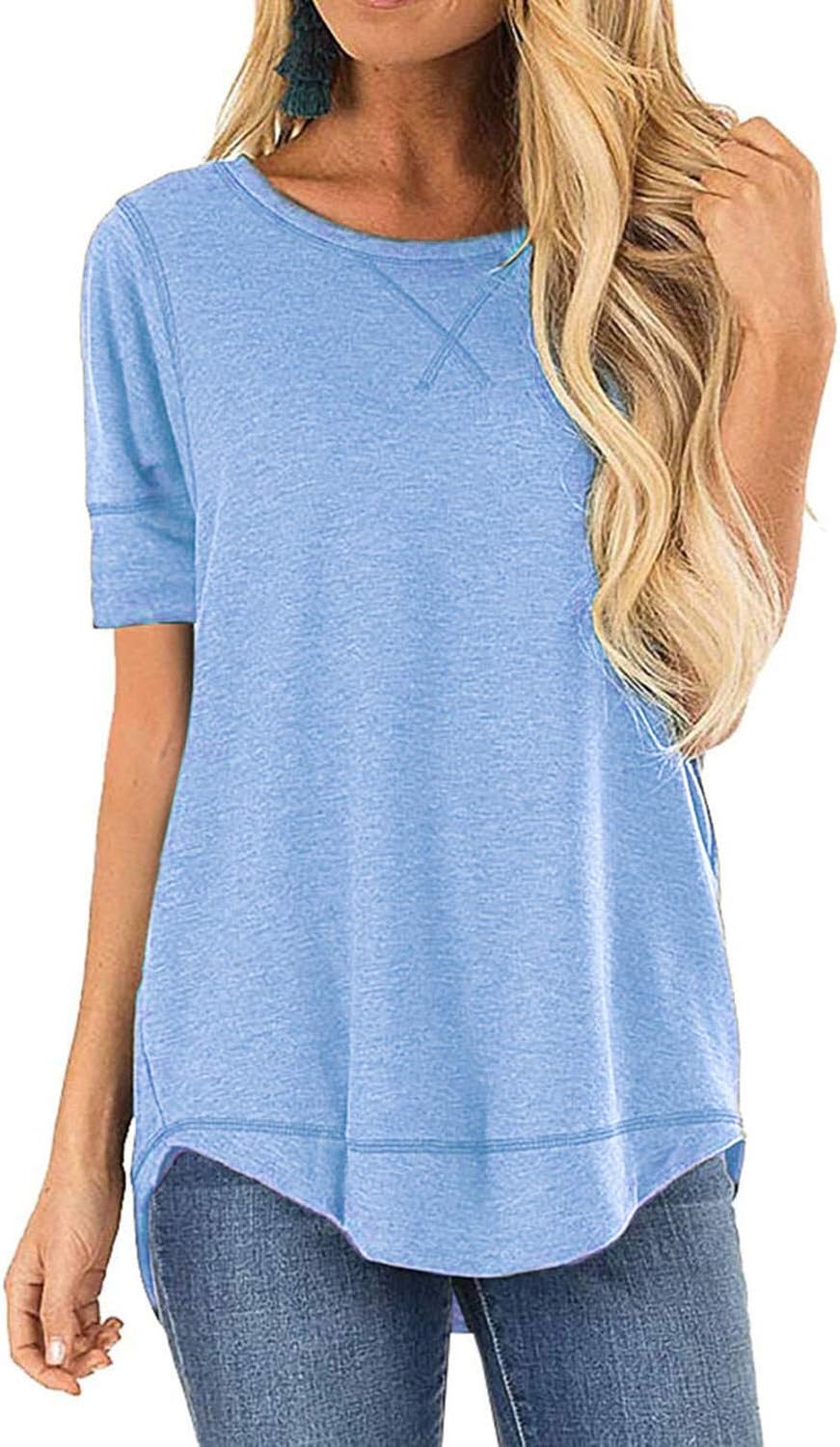 Summer Tops for Women Short Sleeve Side Split Casual Loose Tunic Top