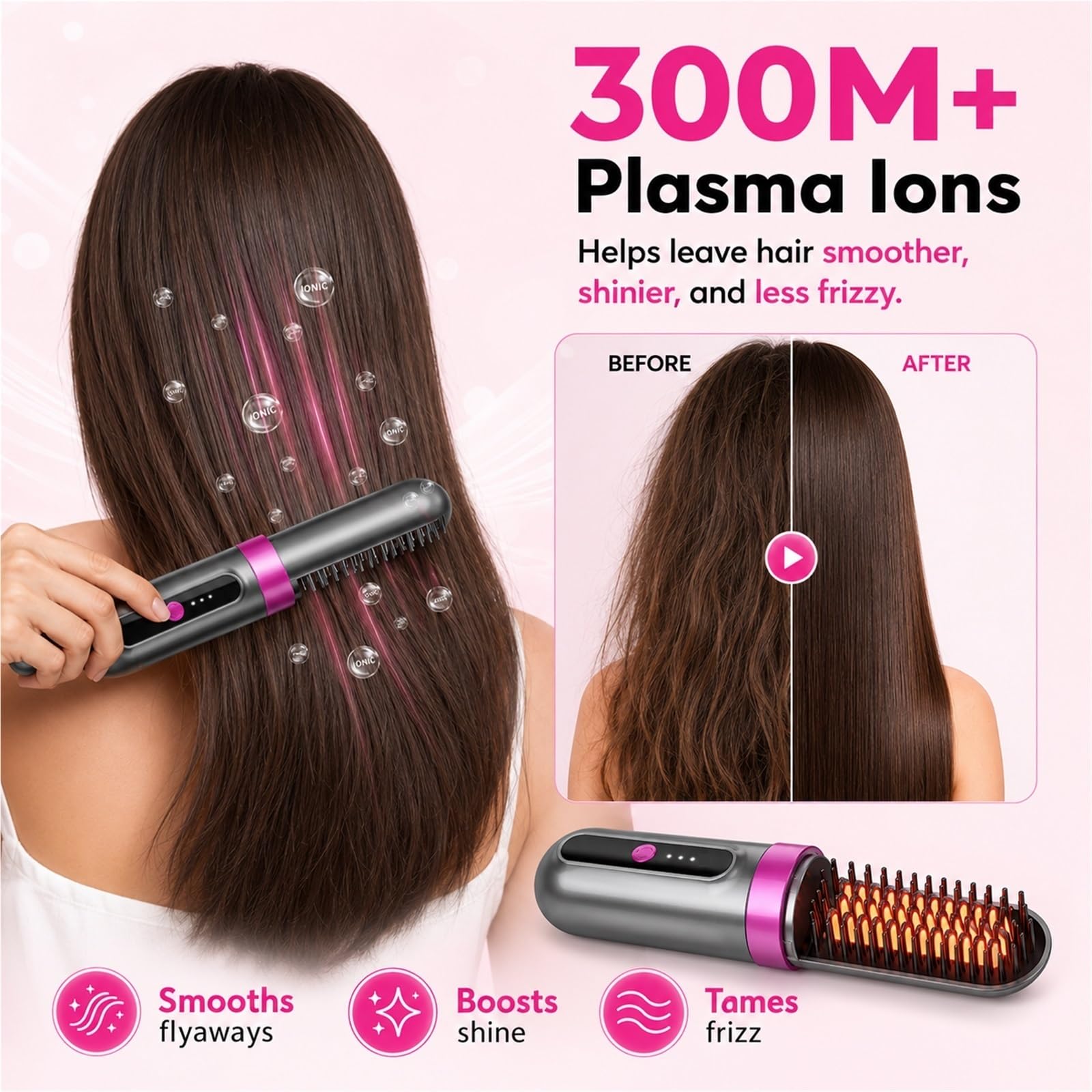 Bezprzewodowa Szczotka Prostująca do Włosów 2026 Jonizacja Anti-Frizz Ceramiczna Powłoka MCH Szybkie Nagrzewanie USB-C Przenośna Prostownica do Włosów dla Kobiet