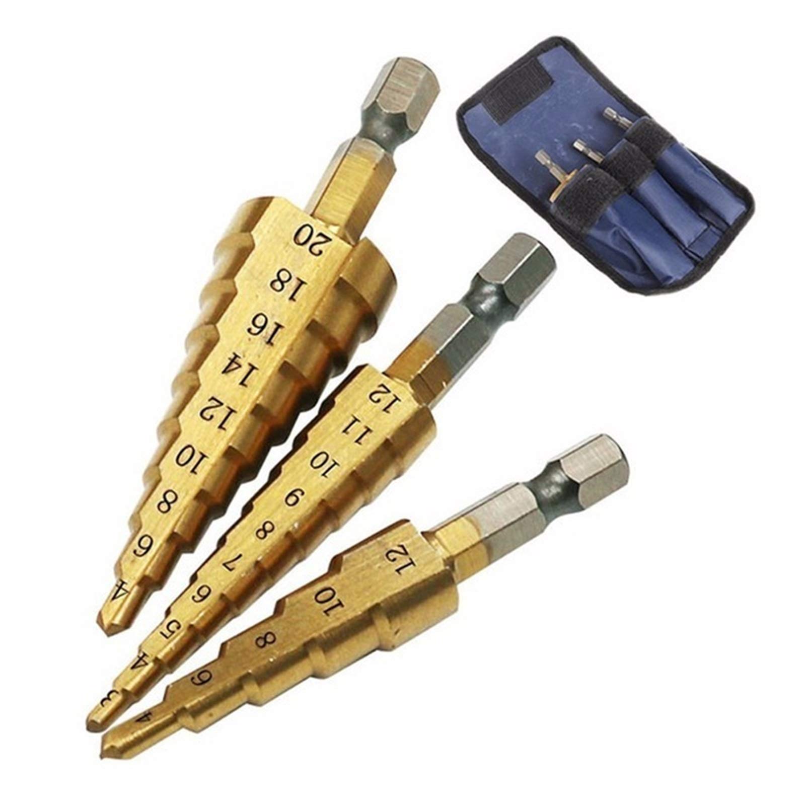 Juego de brocas de 3 piezas Juego de brocas escalonadas Hss Cortador de agujeros cónicos Cónico métrico 4-12/20 / 32 mm Brocas de núcleo hexagonal de metal recubiertas de titanio de 1/4 "(Color : 3