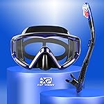 Snorkel Set Pano 3 Window Adult Snorkeling Gear, Professional Snorkel Goggles Anti-Fog Diving Mask, Anti-Leak Swim Goggles and Dry Top Snorkel for Diving, Snorkeling, Swimming (Blue)