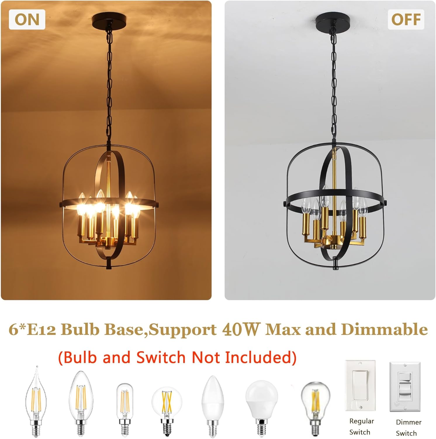 Black and Gold Chandelier for Dining Room, 6-Light Chandelier for Entryway Light Fixture Foyer Lighting Fixtures Adjustable Modern Farmhouse Chandelier for Living Room Pendant Lights Kitchen Island