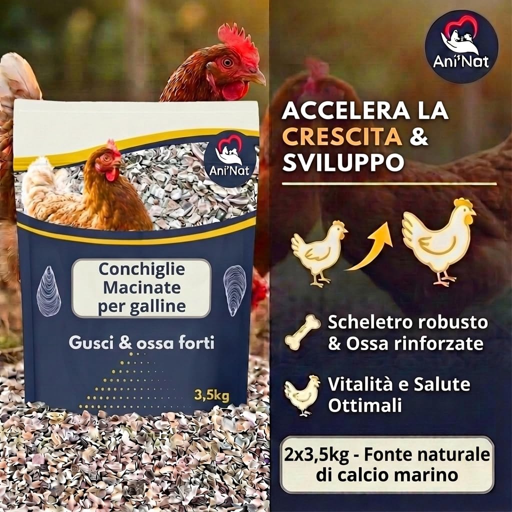 Ani'Nat NATURE ANIMALE Conchas molidas para gallinas ponedoras y Palomas. Más Variedad de minerales Que Las Conchas de ostras. Minerales y Calcio para Conchas sólidas. (7kg)