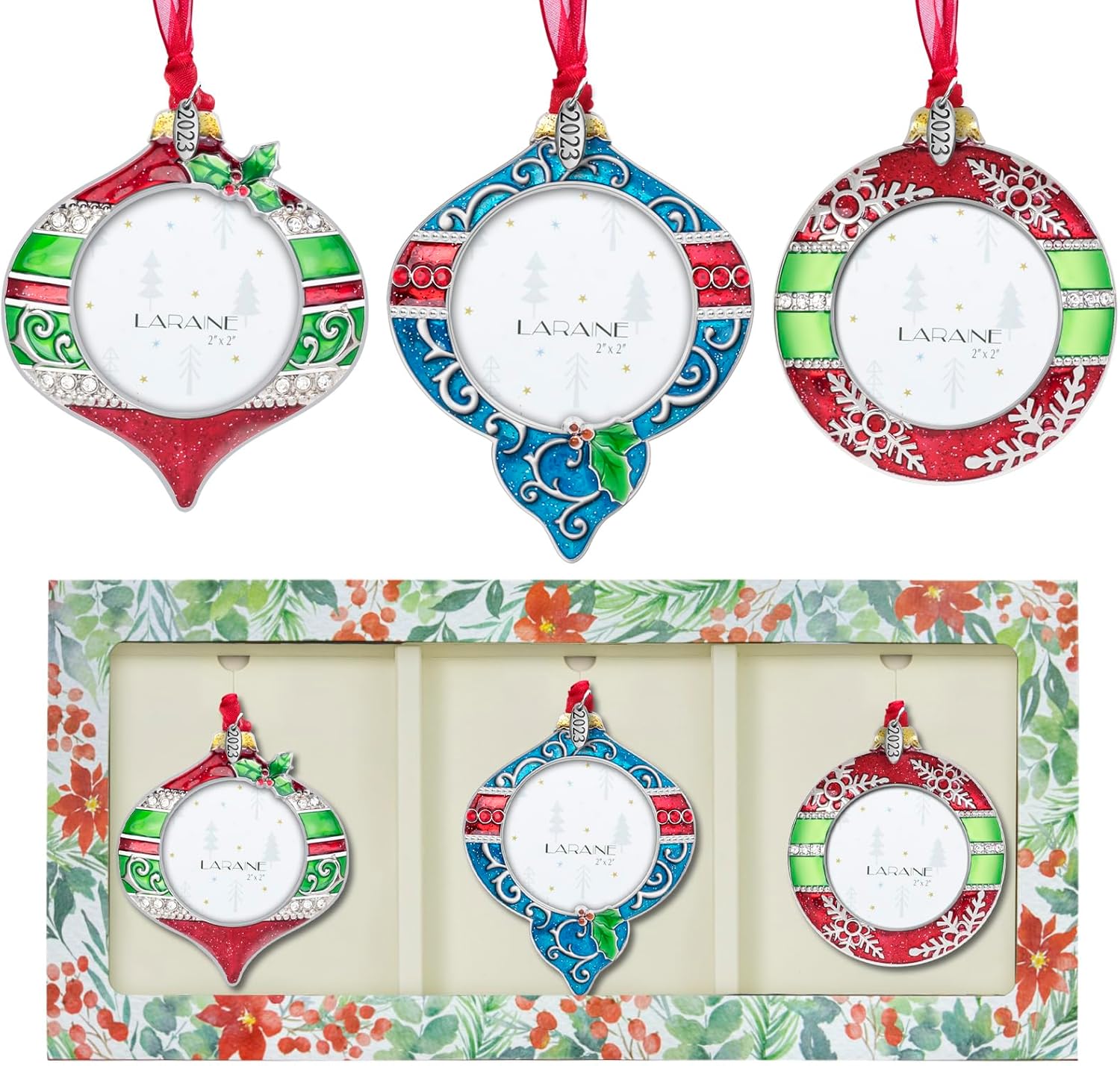 Laraine Christmas Tree Ornaments – Onion Shaped Decorative Hanging 2025 Holiday Keepsake Gift Pendant with 2” Photo Frame Insert for Picture (Gold, 3 Pieces (2025))