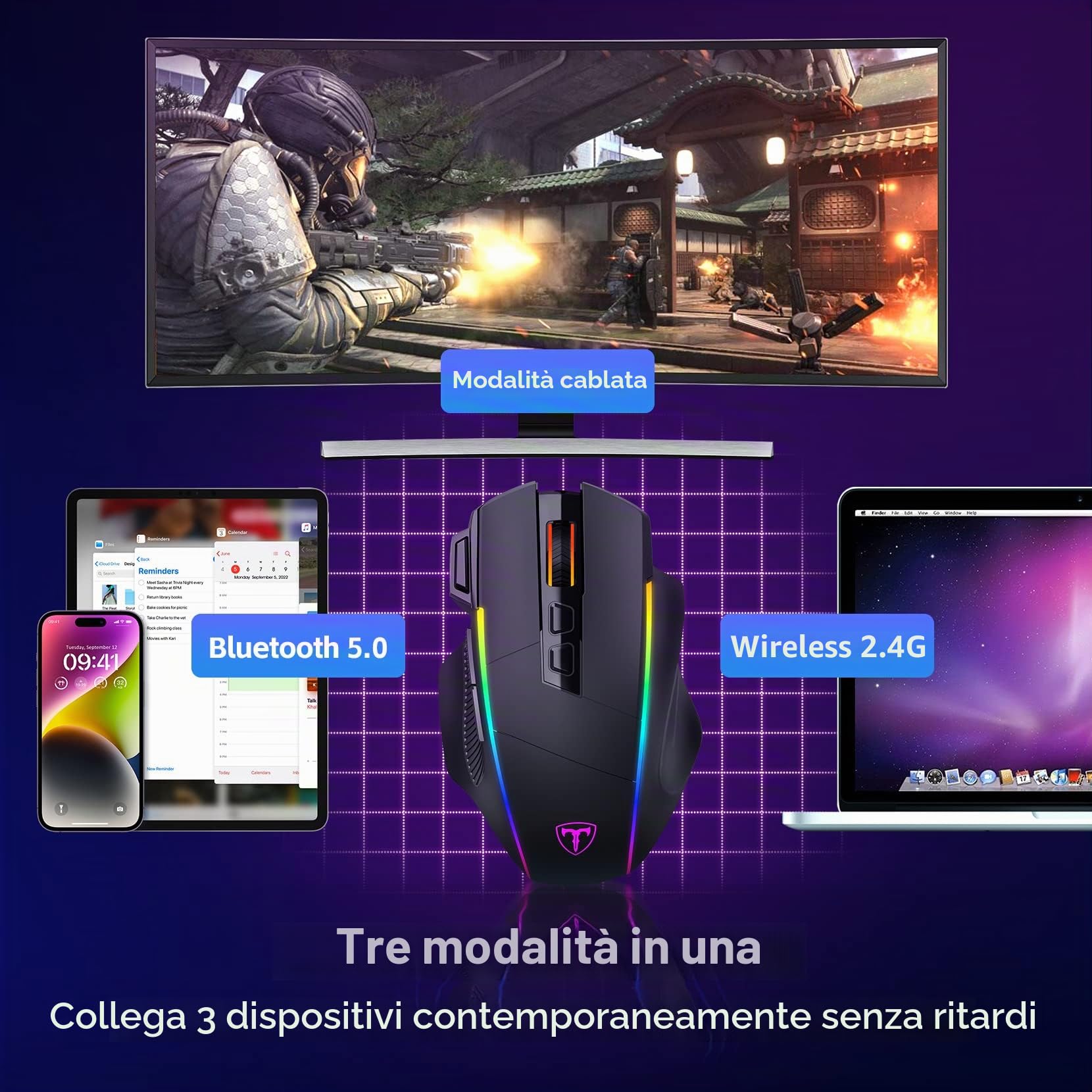 Mouse Gaming Wireless, Mouse a Tre Modalità 2.4 G/USB-C/Bluetooth Fino a 10000 DPI, Retroilluminazione RGB Chroma, Mouse Ergonomico con 8 Pulsanti Programmabili, Memoria di Bordo, PC, Mac Gamer