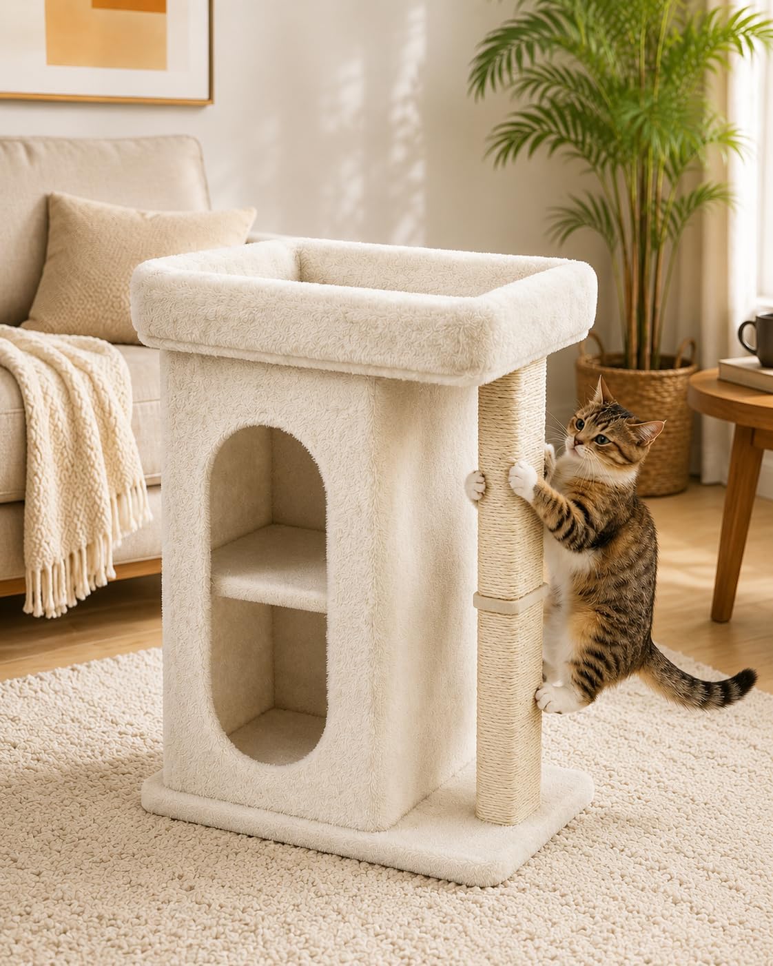 Cat Tree for Large Cat, Small Cat Tower with Large Perch Bed, Scratching Posts, Dual Condos for Indoor Cats Kittens, Beige