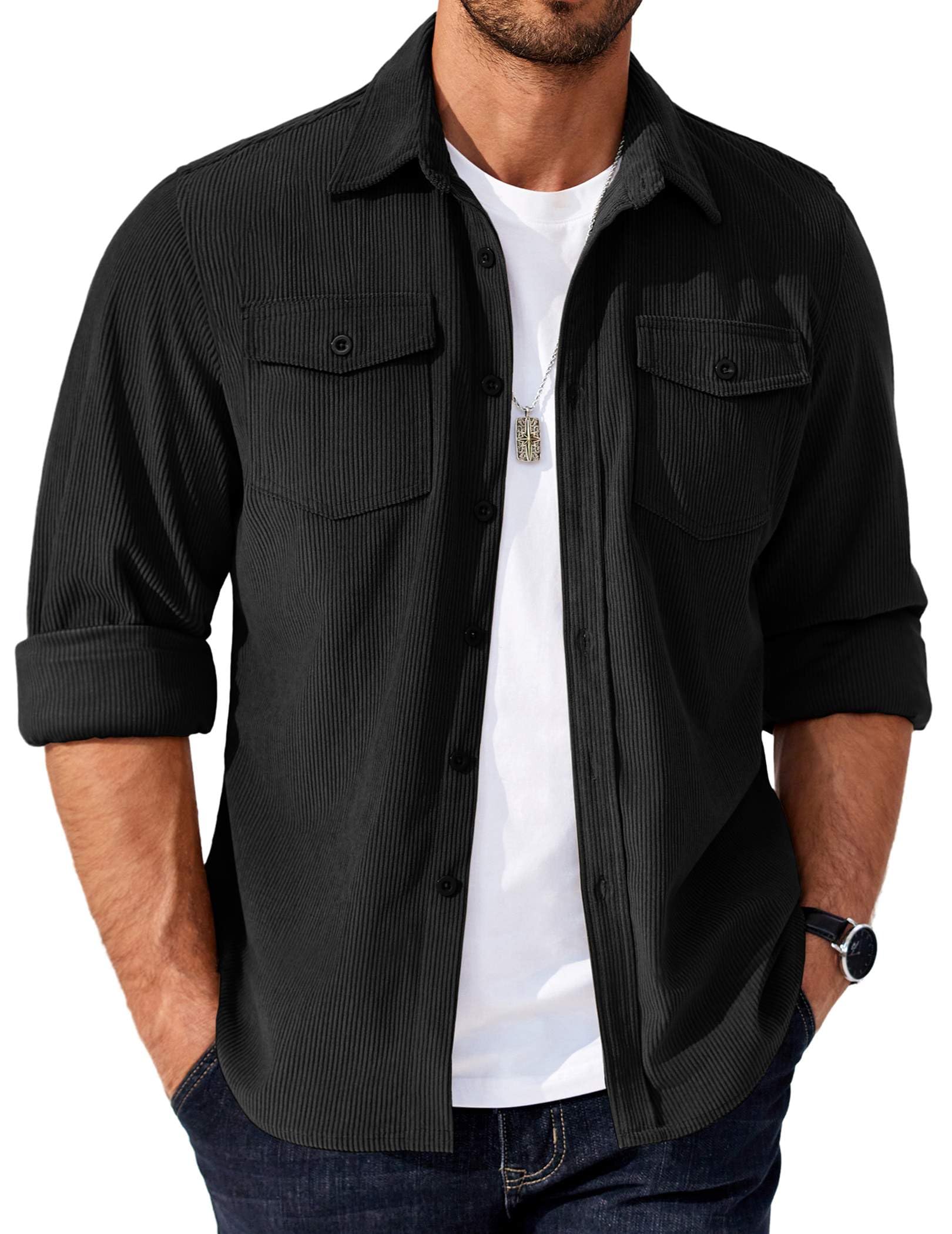 COOFANDY Men's Corduroy Button Down Shirts Jackets Casual Long Sleeve Shacket Lightweight Overshirts with Flap Pockets