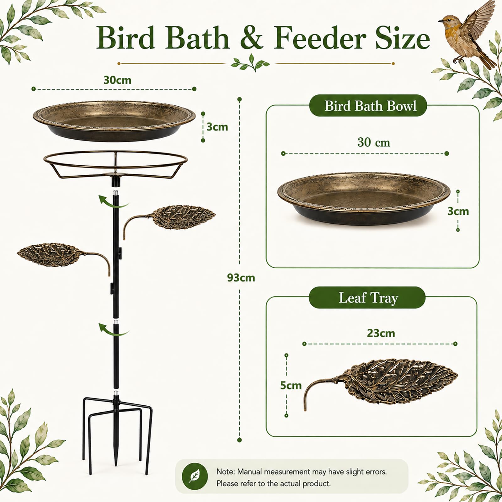 Metall Vogeltränke Stehend, 2 in 1 Vogelbad & Futterschale,Bird Bath für Garten, Vintage Vogeltränke Balkon, Freistehendes Vogelbad Gartenstecker, Wassertränke für Vögel