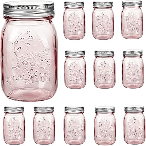 Amzcku Tarros rosados de 16 onzas con tapas, paquete de 12 tarros de conservas de boca regular, seguros para almacenamiento, conservas, conservas,