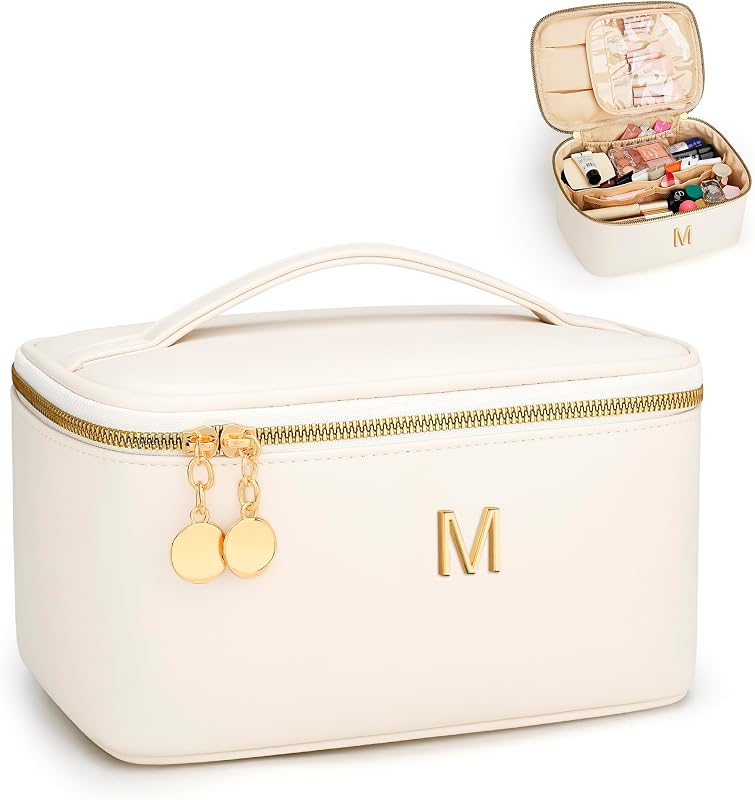 Necessaire de maquiagem CLOUDWINGS com inicial, divisória e compartimento para pincéis, Bege01, 1 unidade
