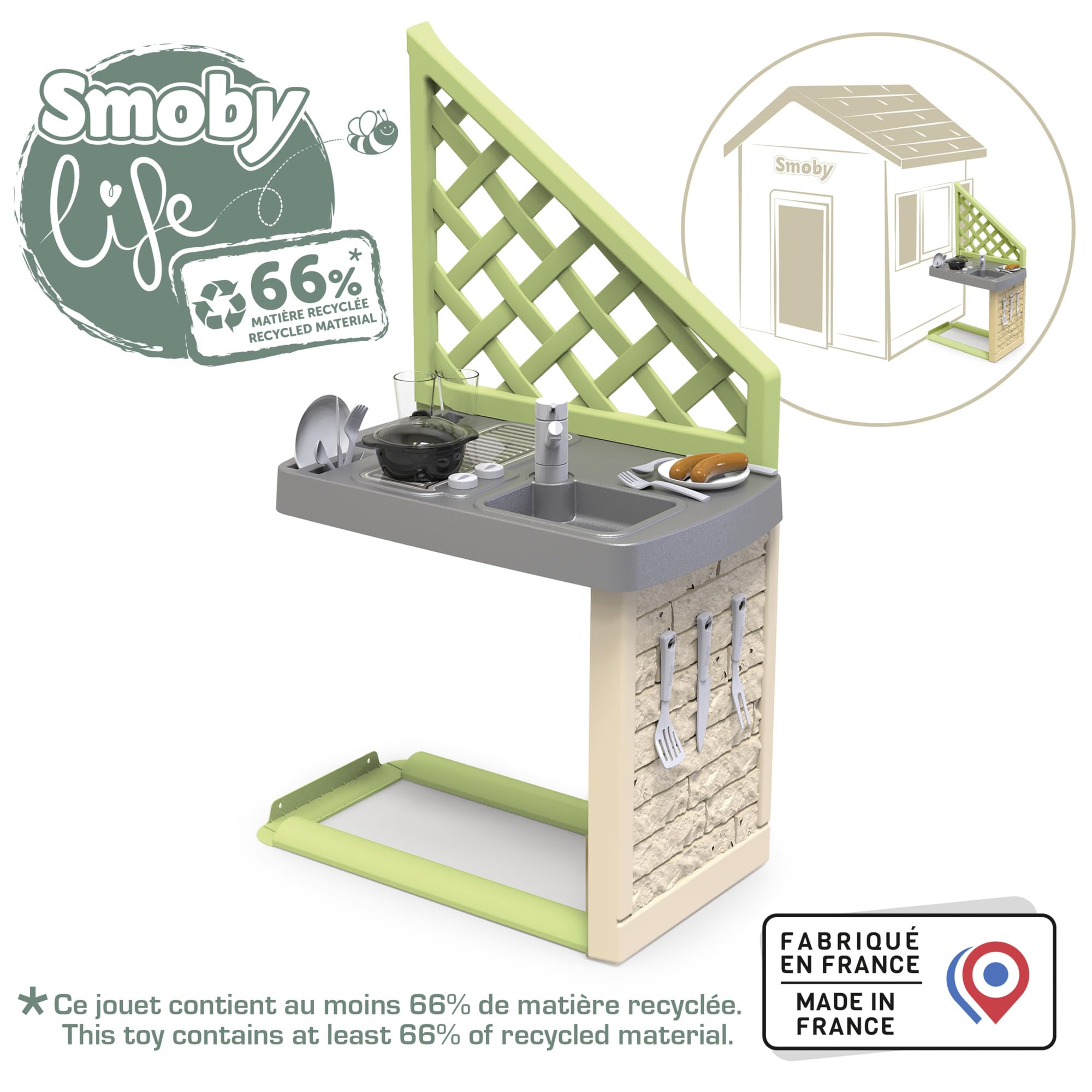 Smoby Life - Cocina de Verano - Compatible con Varias Casas - Parrilla, Fregadero con Grifo - Material Reciclado - A Partir de 2 años - Fabricado en Francia