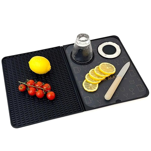 Bar Mat, Bar Accessories, Multifunctional Folding Cocktail Mat with Cutting Board, 18" X 12"(Black) Drying Mats,Bar Mat for Countertop,Bar Decorations for Home, Outdoor Bar Accessories,Travel