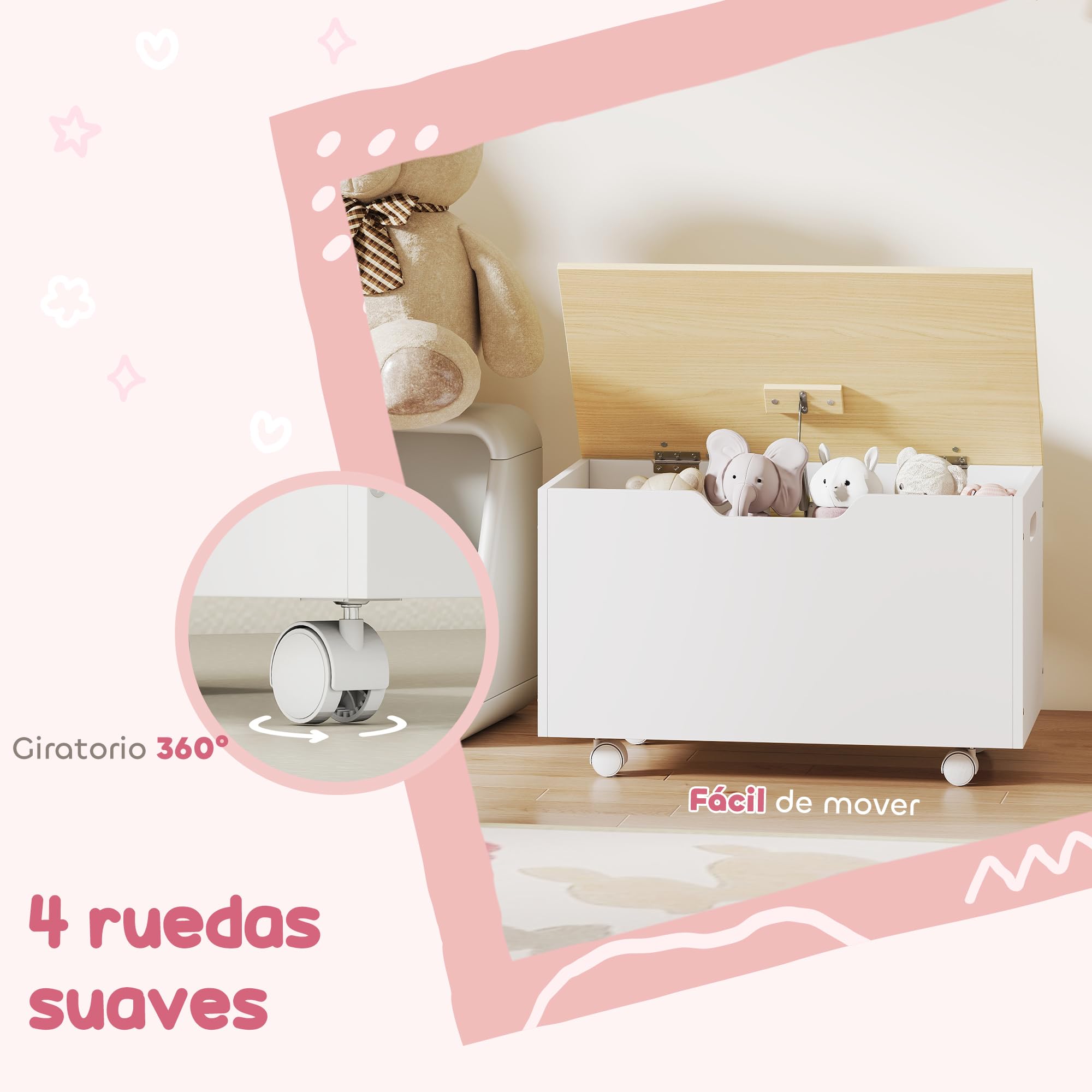 AIYAPLAY Caja de Almacenaje de Juguetes con Ruedas, Blanco y Natural | Baúl Juguetes Infantil, Tapa Abatible, Bisagra de Seguridad, Diseño de Nube, Dormitorio, Sala de Juegos, Guardería