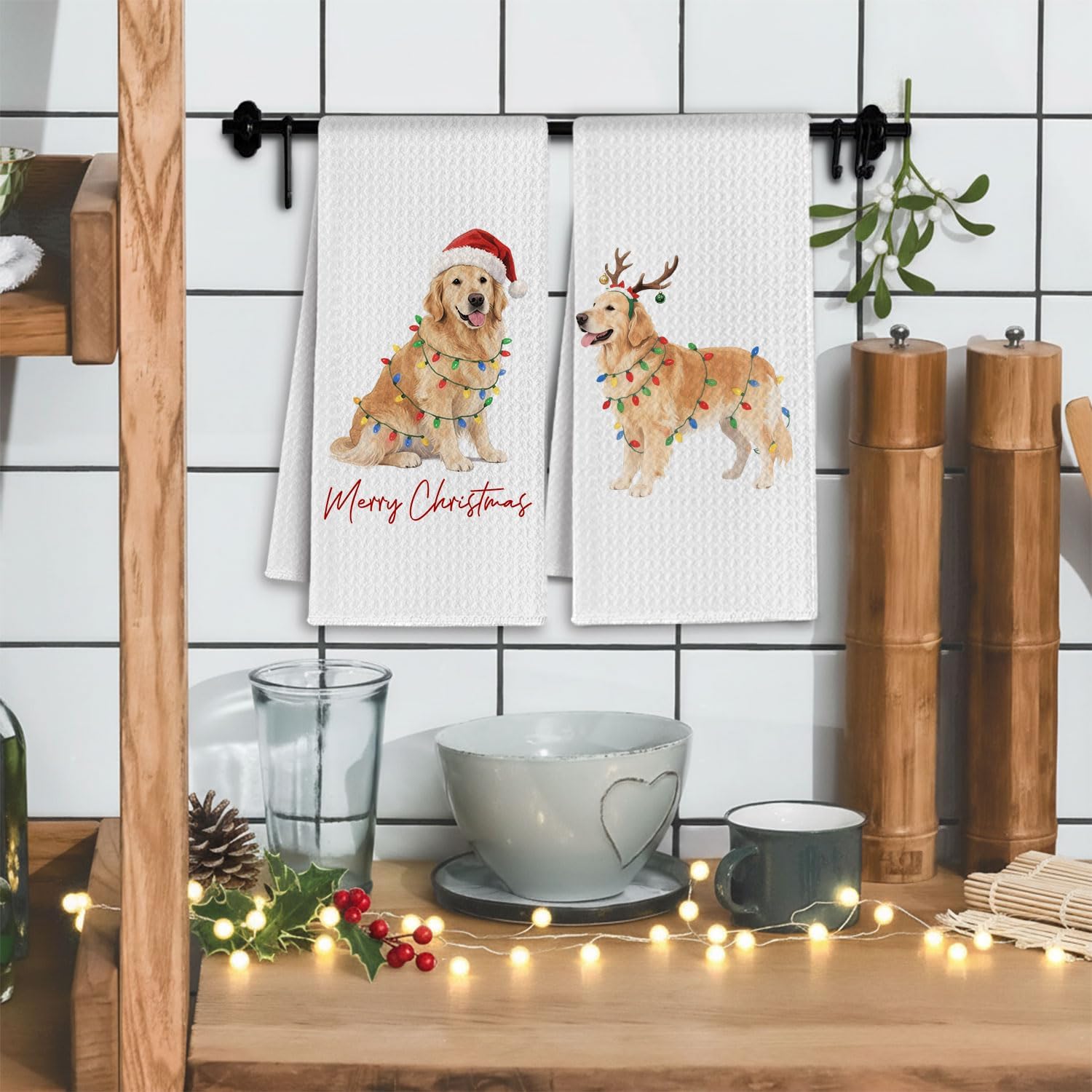 Christmas Golden Retriever Kitchen Towels, Golden Retriever Lover Gifts Dish Tea Towels for Kitchen, Holiday Winter Xmas Dog Decorative Hand Towel for Bathroom, 16x24 Inch Set of 4 image 2