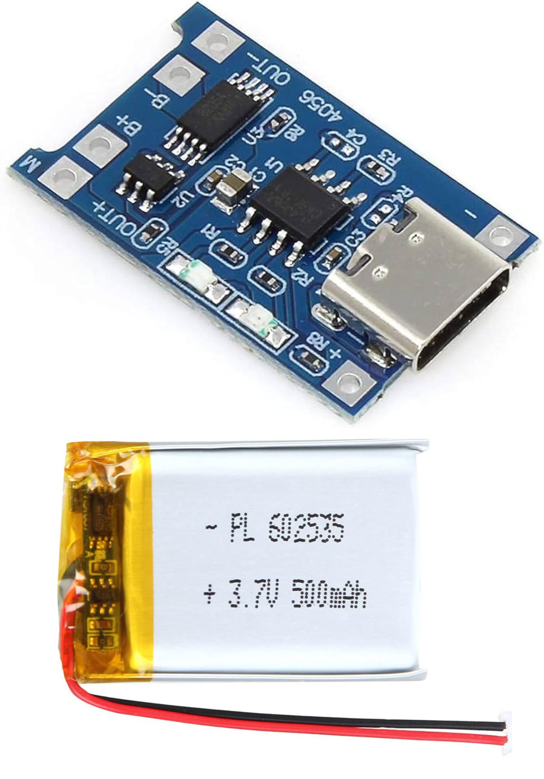 TP4056 Type-C 1A Lithium Battery Charging Module with Protection, 3.7V 500mAh Polymer Battery, 18650 Compatible