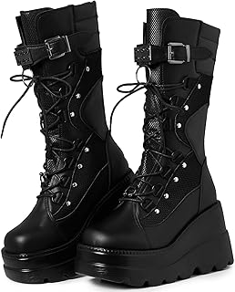 Womens Goth Platform Boots Chunky Wedge Heel Rave Combat Boots Lace Up a...