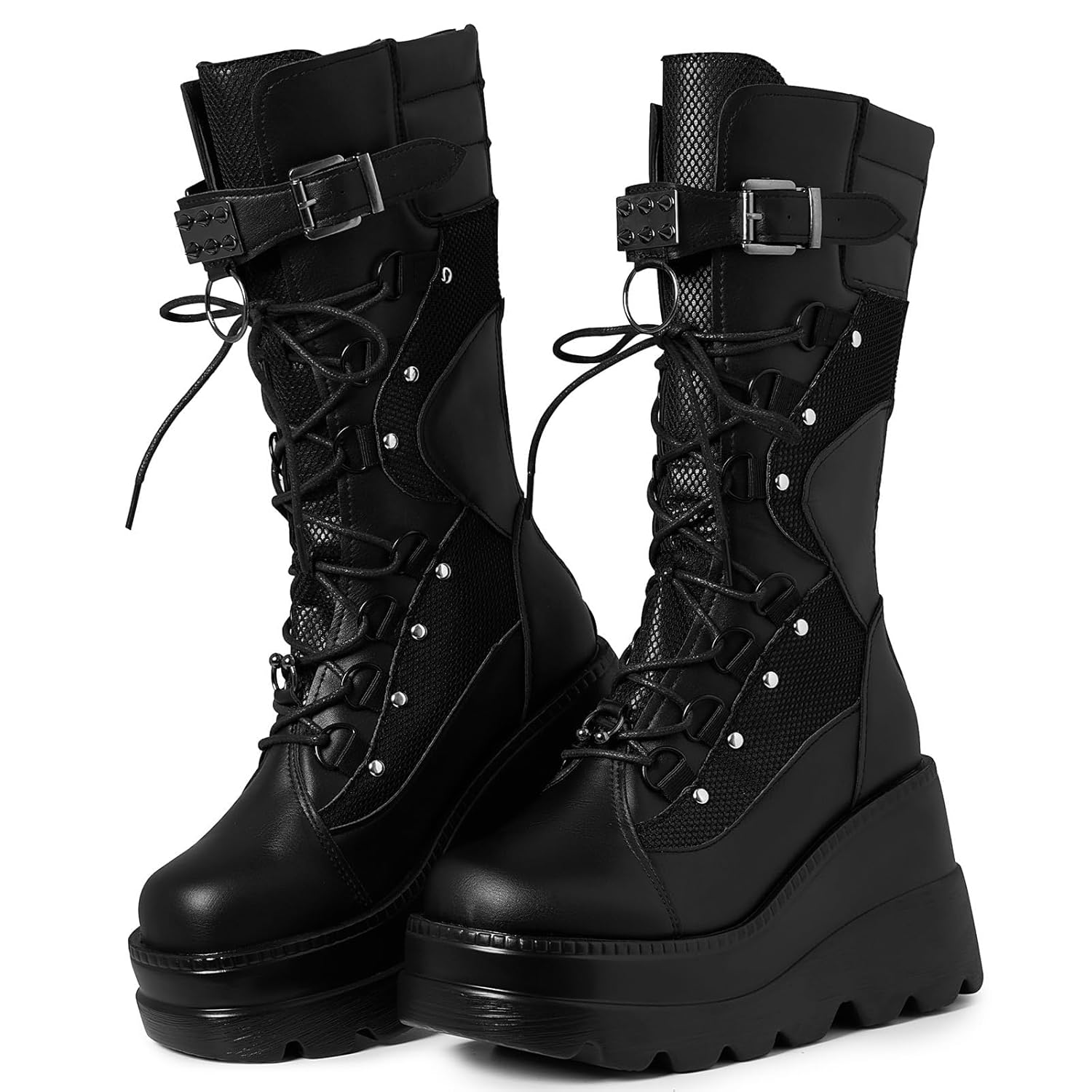 Tscoyuki Womens Goth Platform Boots Chunky Wedge Heel Rave Combat Boots Lace Up and Zipper Round Toe Mid