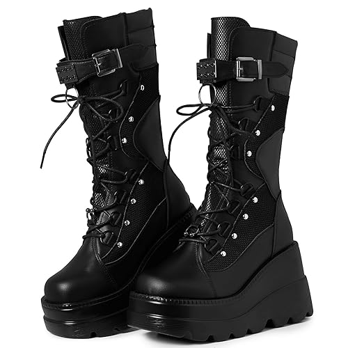 Tscoyuki Womens Goth Platform Boots Chunky Wedge Heel Rave Combat Boots Lace Up and Zipper Round Toe Mid Calf Boot for Concert Festival - 6.5 - Black