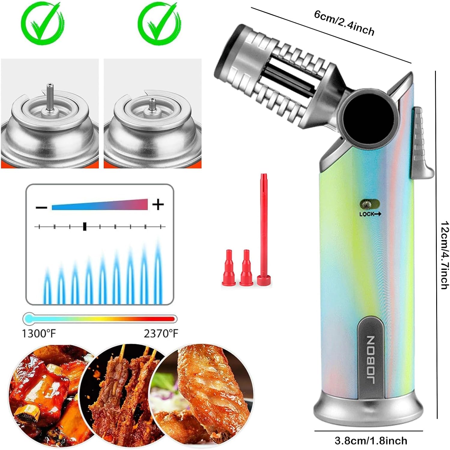Butane Torch Lighter, 60° Rotatable Refillable Kitchen Cooking Torch Windproof Adjustable Flame Lighter with Fire Lock for Baking Creme Brulee BBQ, Butane is Not Included (Colorful)