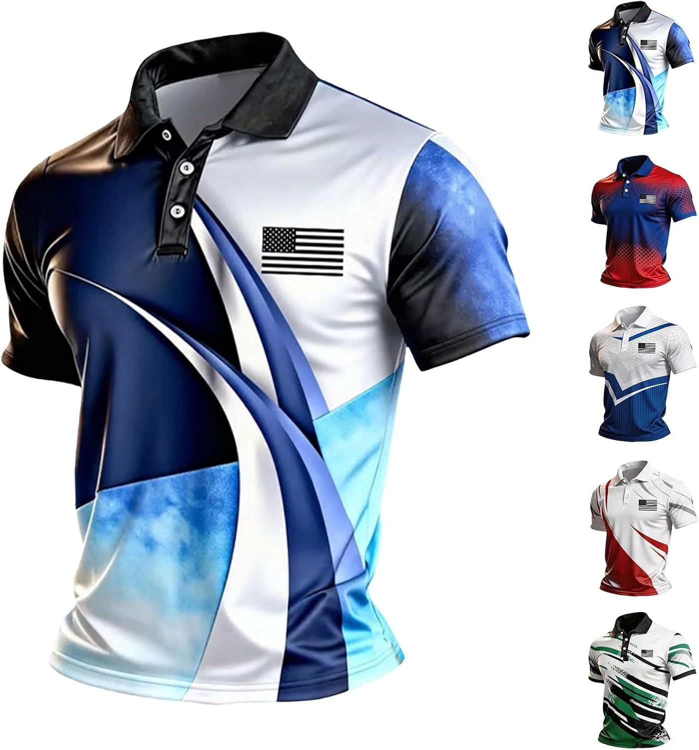 Mens Plus Size Patriotic Polo Shirts 4th of July Outfits American Flag Tee Vintage Summer Top Color Block Golf Tshirt