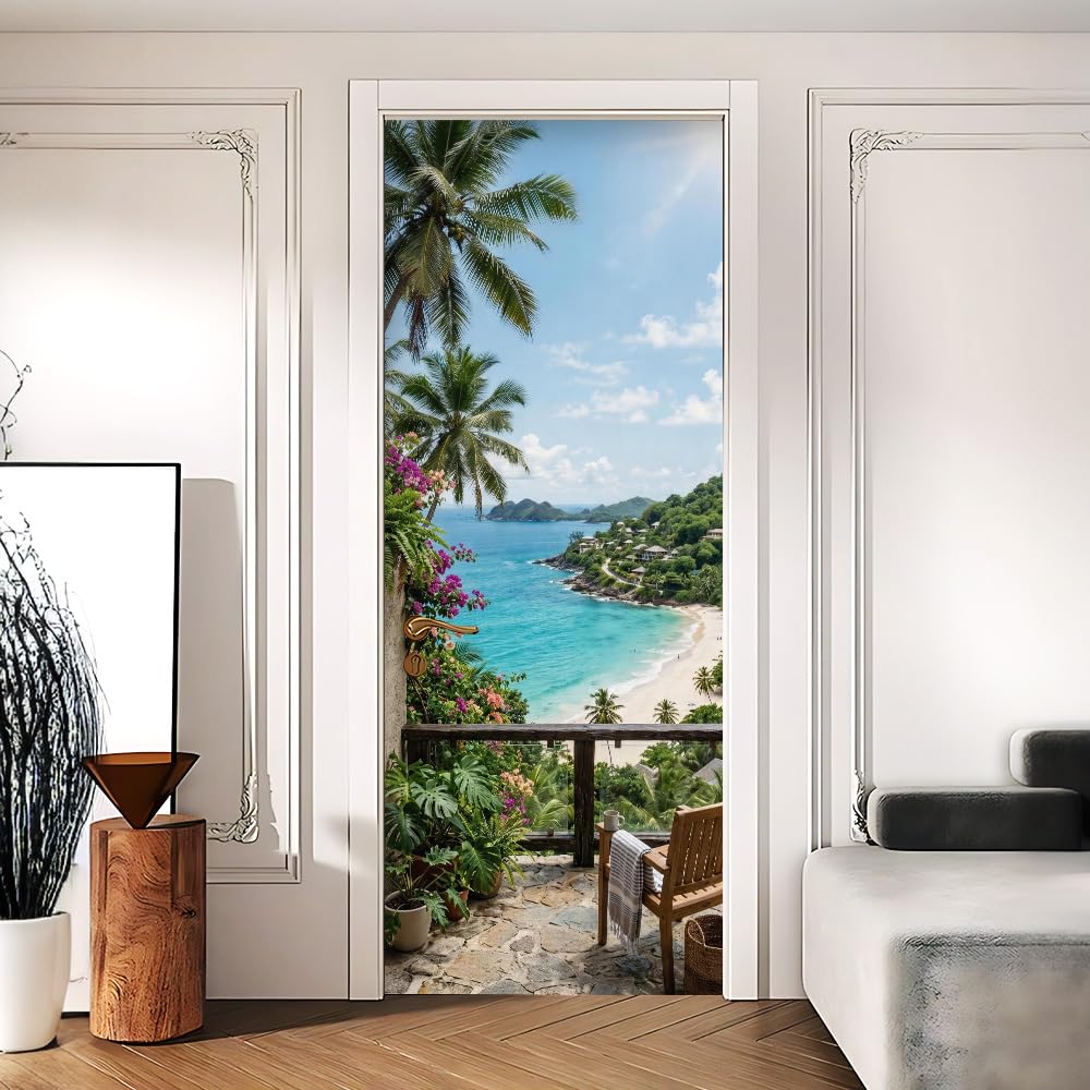 Tropical Balcony Door Mural, Ocean View Door Cover, 30.3x78.7in
