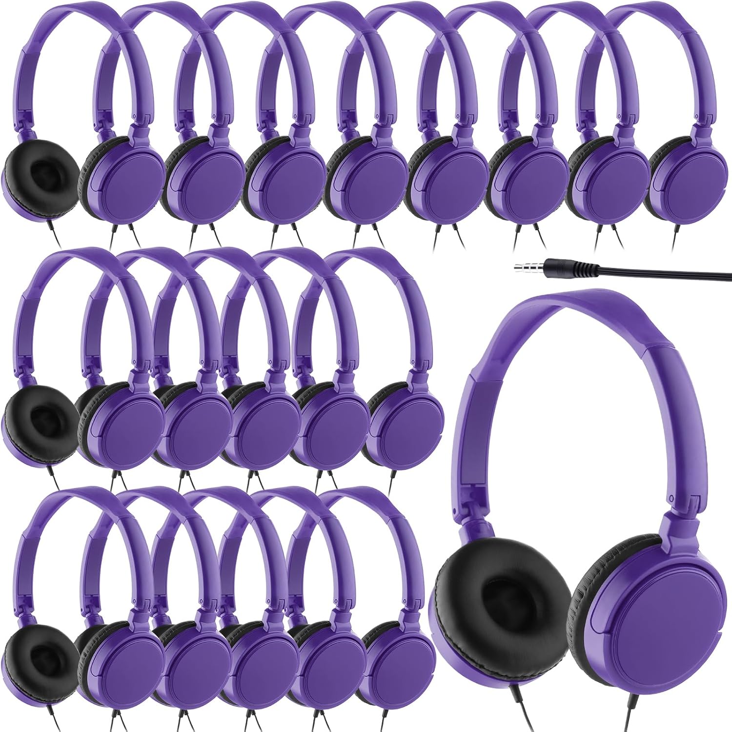Yunsailing 18 Pack Classroom Headphones Bulk Student Wired Class Headphones Set for School with Individually Wrapped Adjustable Over Ear Head Earbuds (Purple)