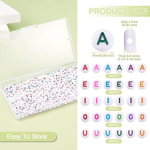 Miniatura 6 de KISSITTY 500 cuentas de letras vocales para pulseras, cuentas acrílicas redondas planas A E I O U del alfabeto, cuentas iniciales de 0.276 in,