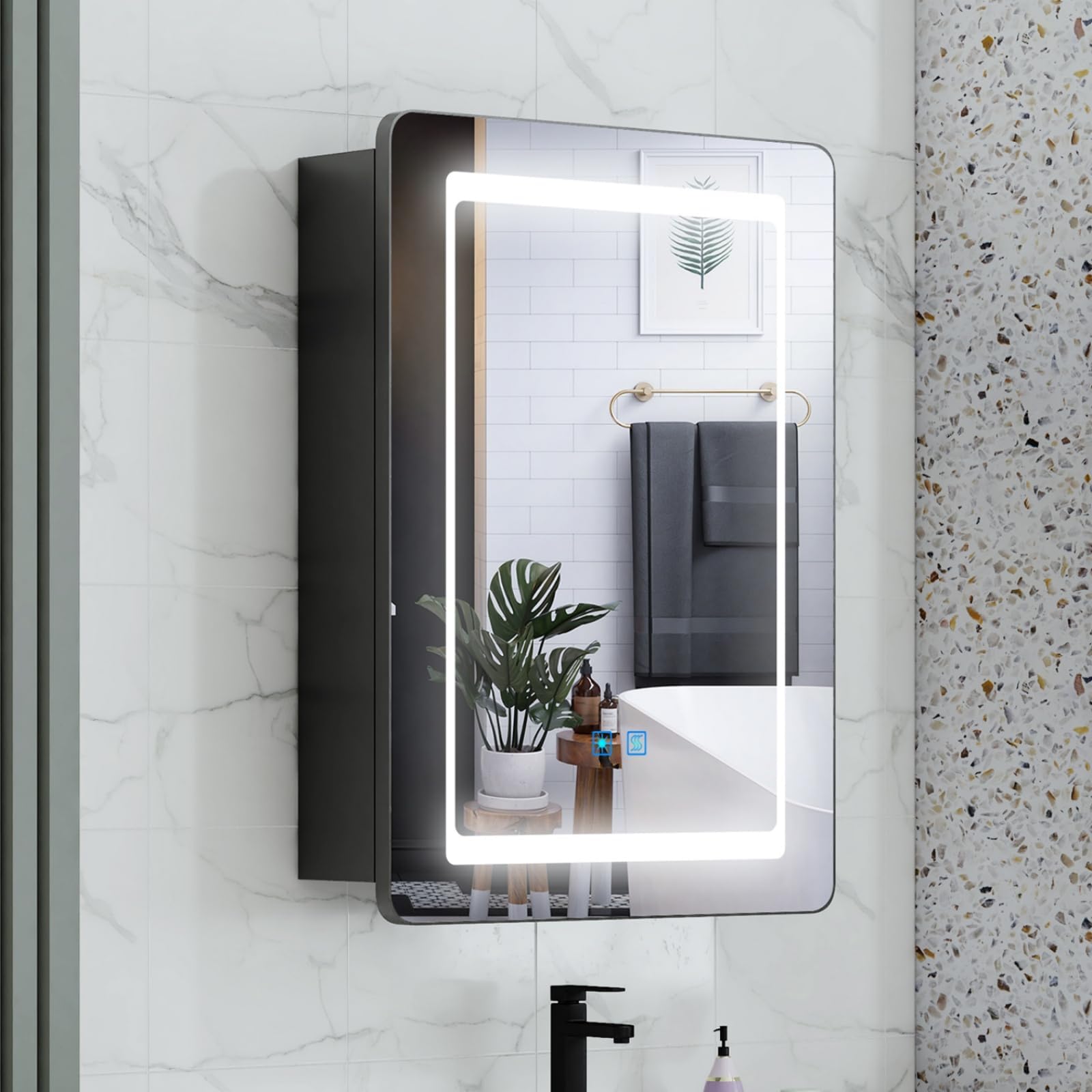Bathroom Mirror Cabinets with LED Lights and Shaver Socket 50x70cm, Wall Mounted Bathroom Cabinet with 3 Colour Lighting, Anti Fog, Dimmer, Touch Switch, Glass Shelves, IP44, Matt Black