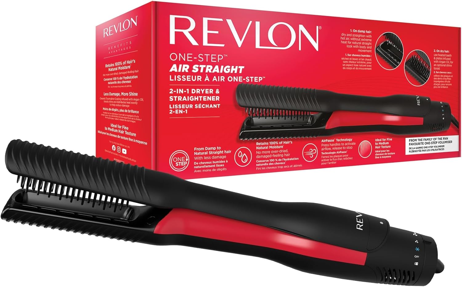 REVLON One-Step Air Straight Secador y Alisador de aire 2-en-1, Para secar y alisar con aire caliente sin calor extremo, dientes y placas calefactables infundidas con aceite de Argán, RVDR5330E