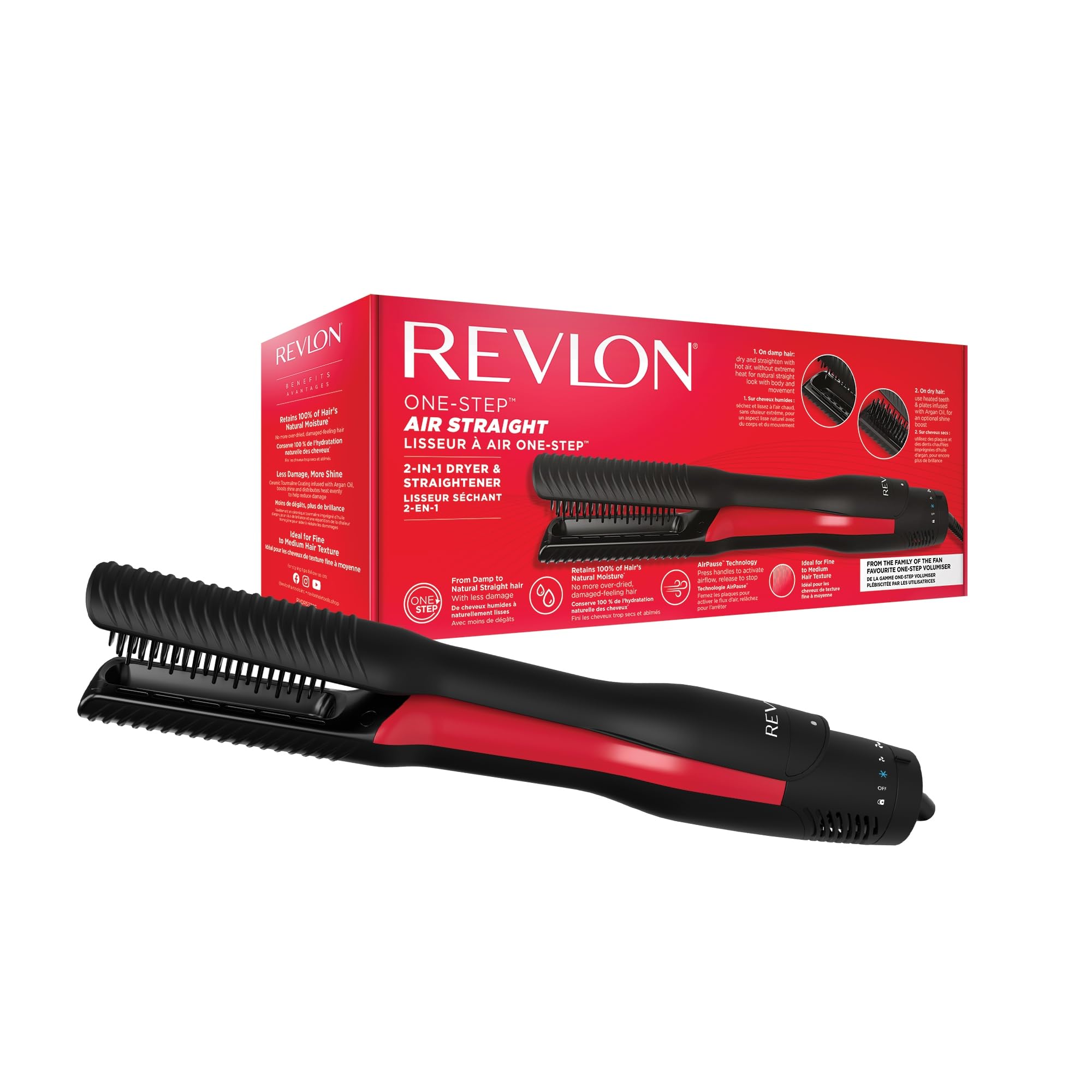 REVLON One-Step Air Straight Piastra ad aria e Asciugacapelli 2-in-1, Asciuga e liscia con l'aria calda, senza calore estremo - Piastre e denti infusi con olio di Argan RVDR5330E