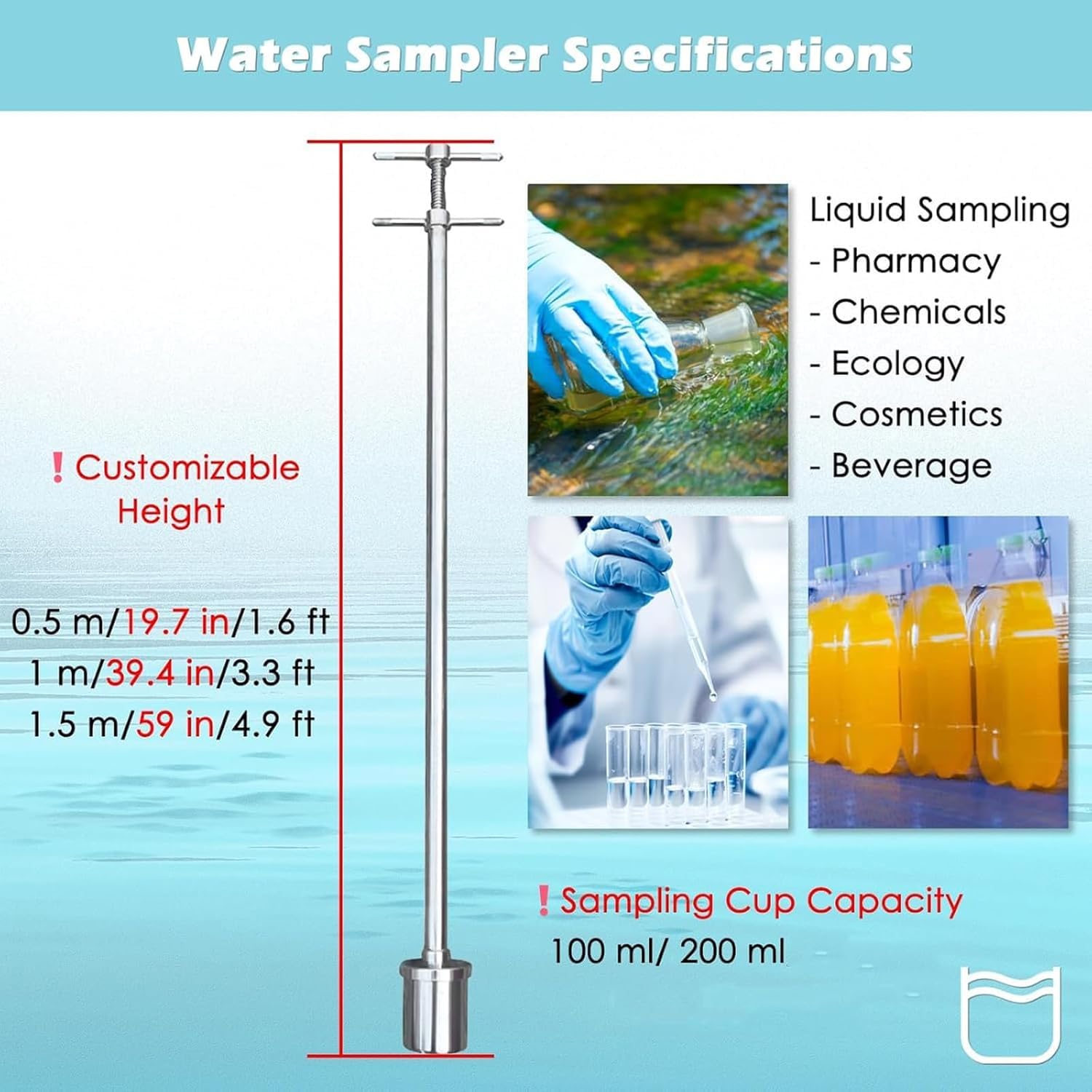 Liquido campionatore 100 ml, dispositivo di raccolta dell'acqua in acciaio inox, design antiscivolo, manico rimovibile per uso sanitario e farmaceutico