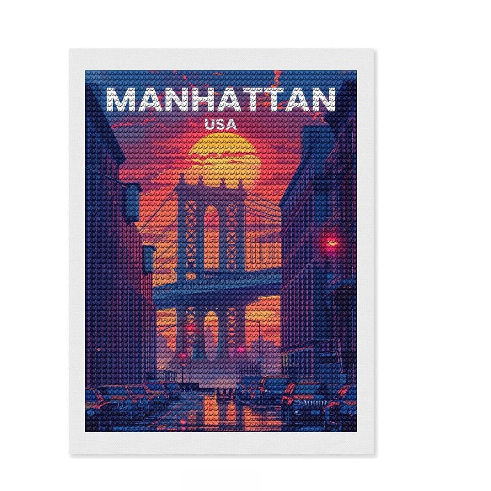 Junmoney Manhattan Travel Poster Round Drill Diamond Painting 12"x16", Easy to Enjoy, Stress Relief Craft, Bedroom Decor, Thoughtful Handmade Gift
