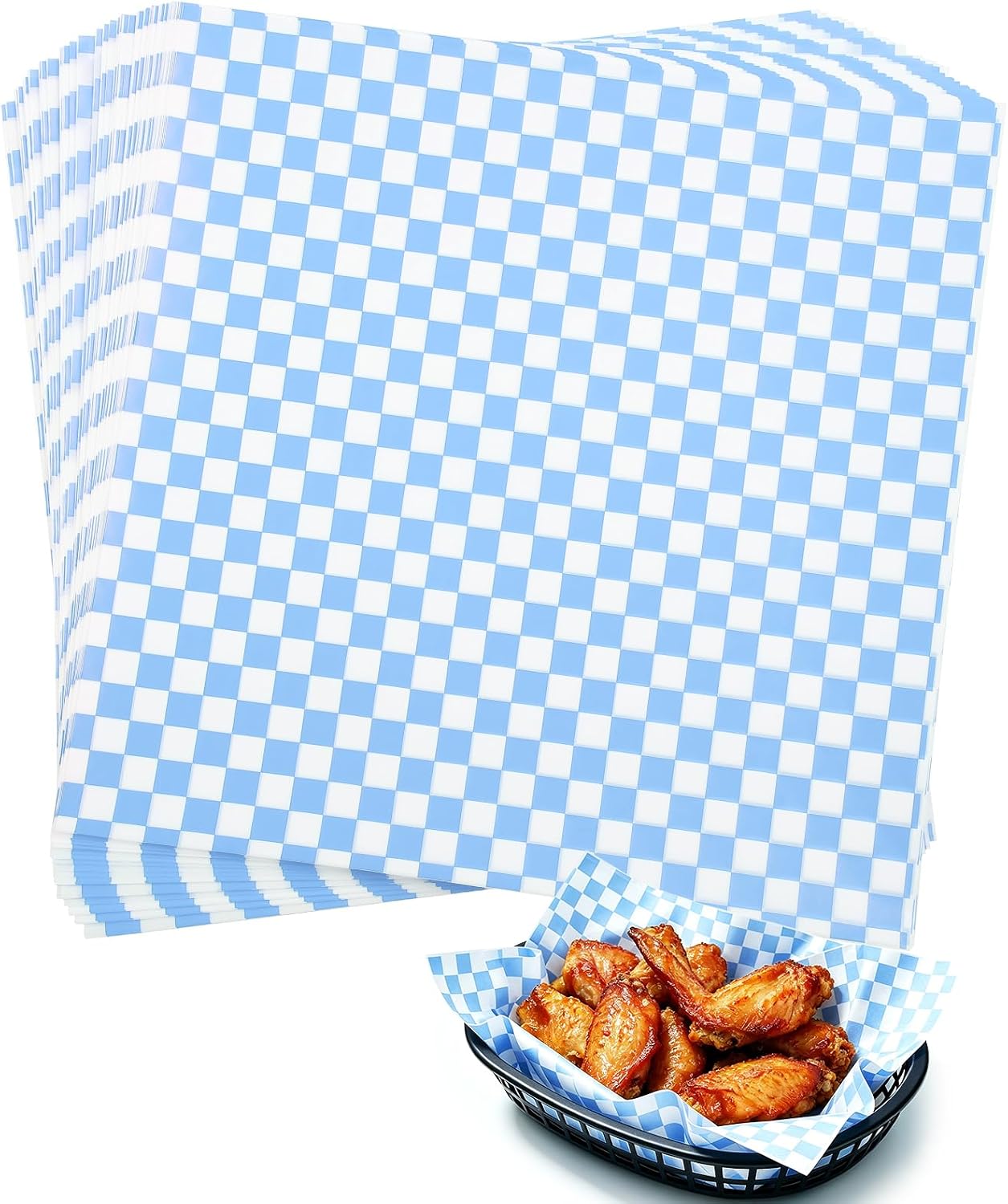100 Pcs Checkered Deli Paper Sheets 12 x 12 Inch, Food Grade Greaseproof Sandwich Wrapping Paper, Gingham Basket Liners for Baking, Burger, Food Trays, Kitchen Picnic Party Supplies-Blue