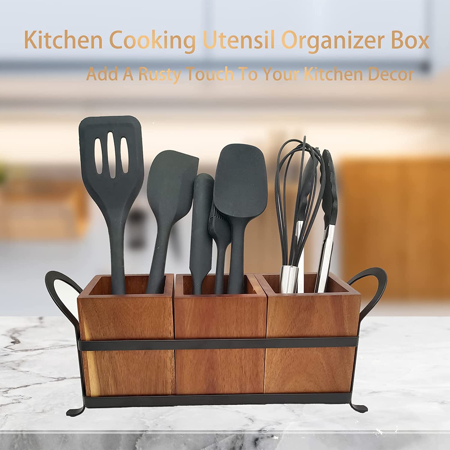 Metal Utensil Holder With 3 Compartments - Farmhouse Style Countertop Organizer For Cooking Tools