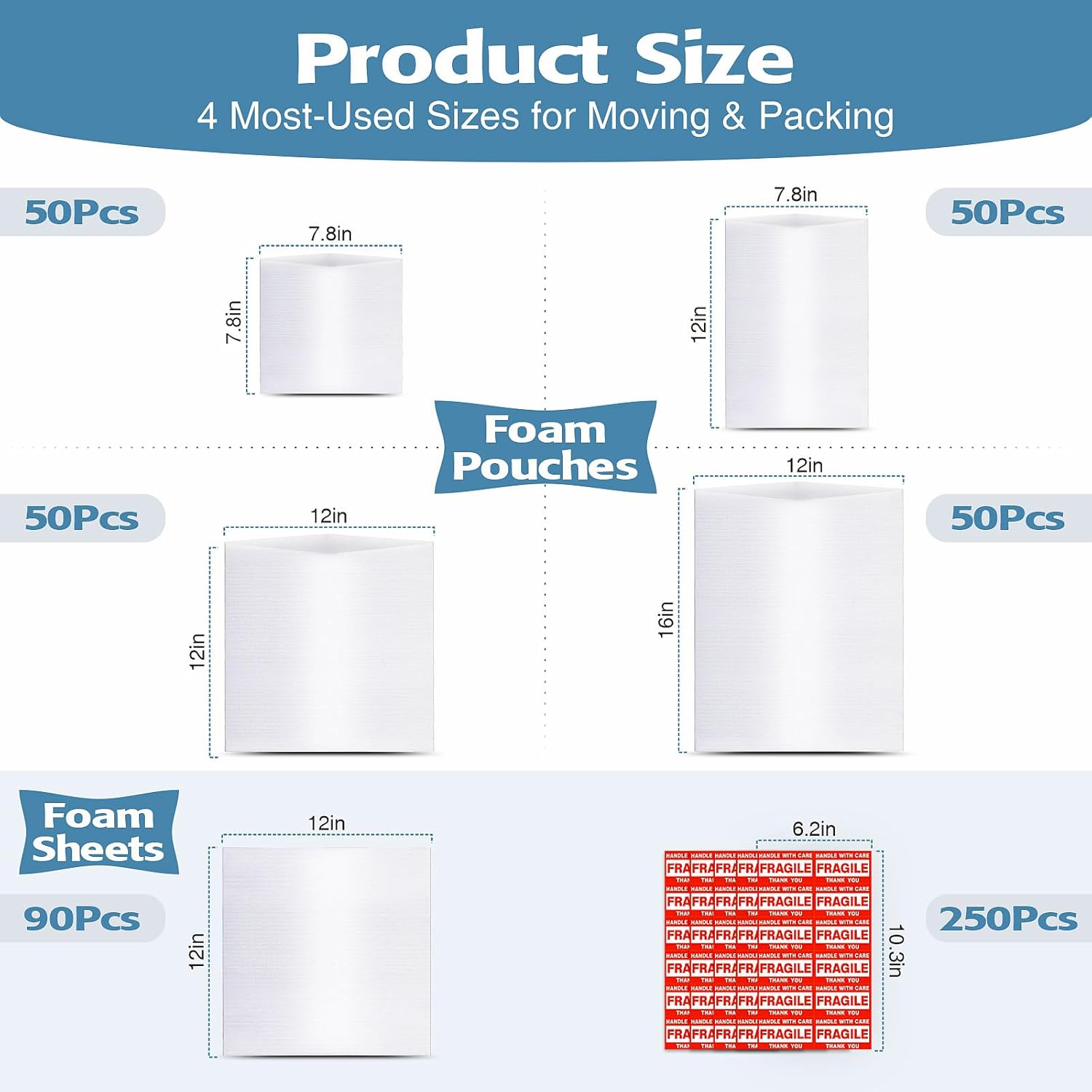 540 pcs Moving Dish Packing Supplies, 290 Cushion Foam Pouches and Sheets, 4 Sizes (16x12", 12x12", 12x7.8", 7.8x7.8") with 250 Fragile Stickers, Foam for Moving, Packaging, Commercial & Household Use