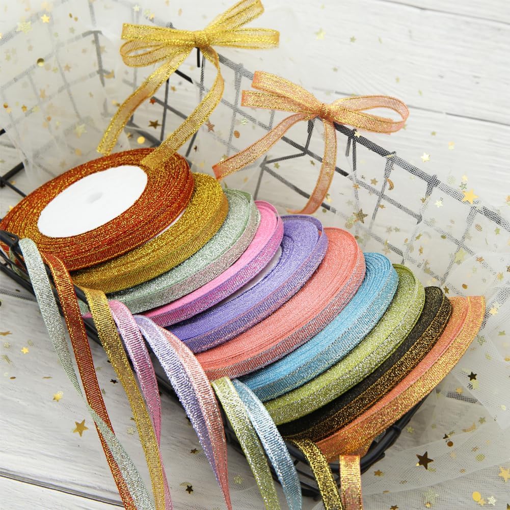 10 Rolls 250 Yards Giltter Ribbon for Gift Wrapping 1/4-Inch Metallic Glitter Ribbons (10 Colors) for Christmas Holiday Wedding Birthday Party Gifts Decoration DIY Crafts Sewing Hair Bow Clip Favors