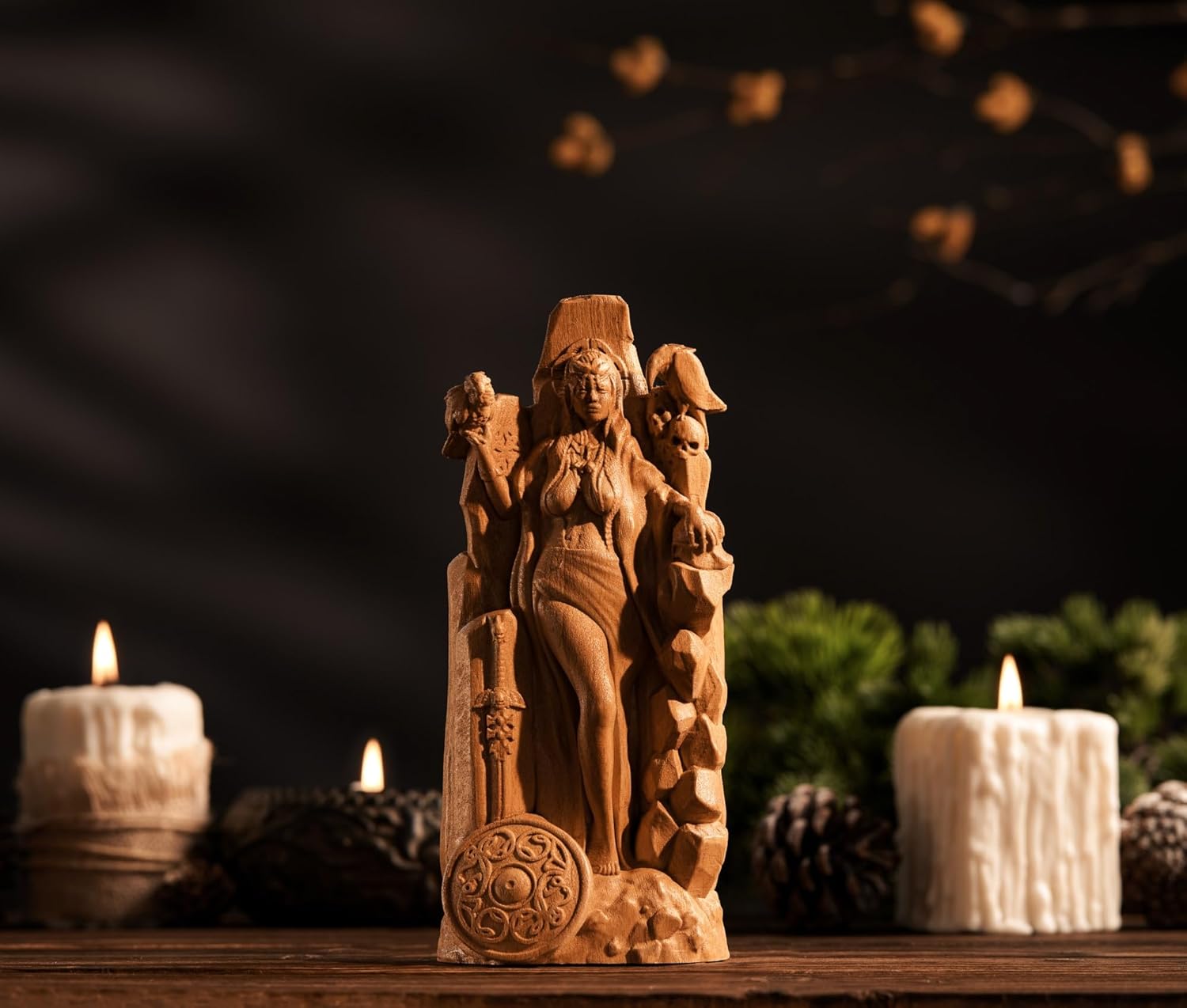 Wooden Morrigan Goddess Carving, War & Fate Pagan Altar Decor, 3.5×1.5×9 in (Wood)