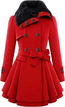 YMING Womens Lapel Faux Fur Collar Jacket Double Breasted Wool Blend Trench Coat Midi Swing Peacoats with Belt
