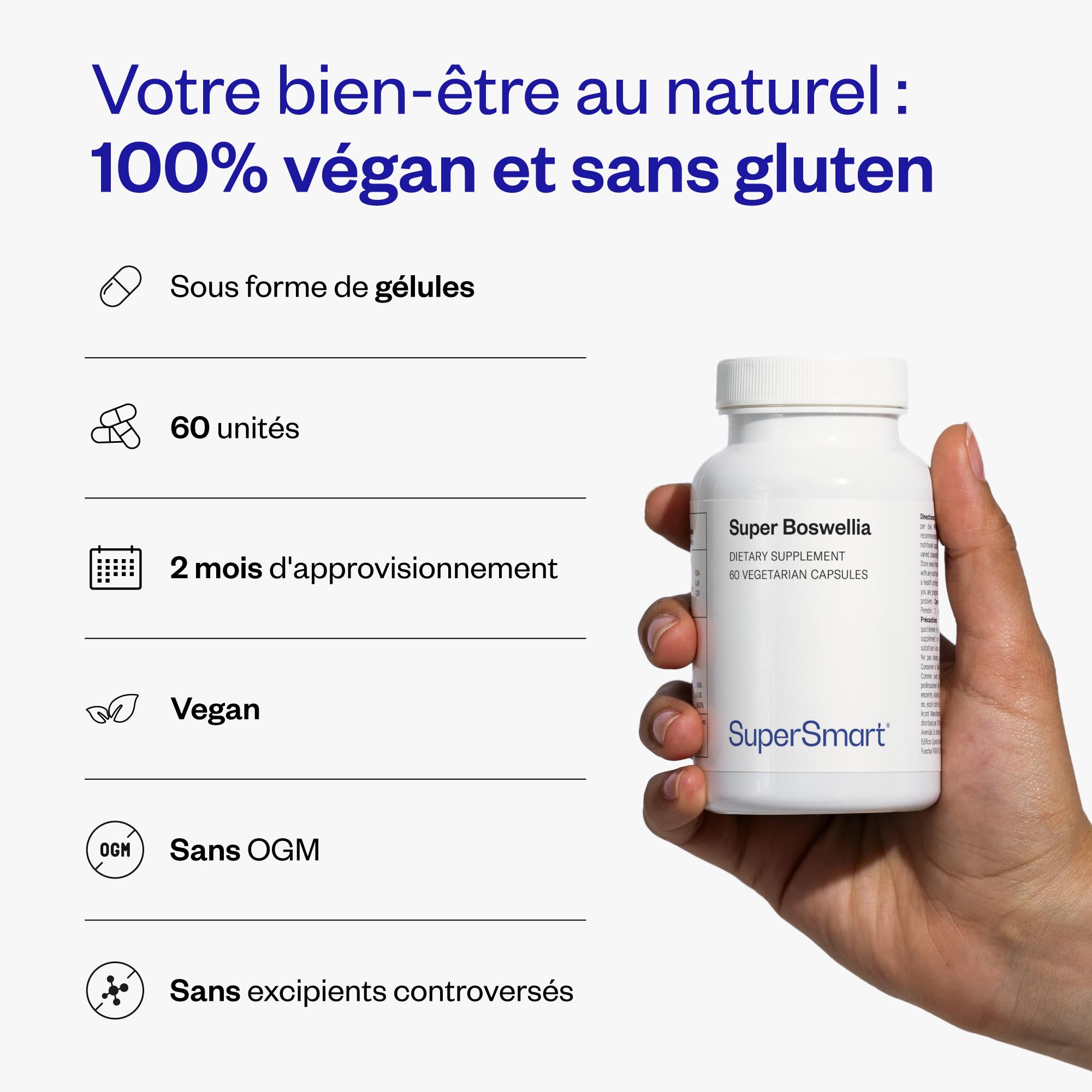Super Boswellia - Aide à Retrouver Le Confort Articulaire - Anti-inflammatoire - Extrait de Boswellia Serrata Standardisé à 20% d’AKBA - Grande Absorption - Vegan - Sans Gluten - Supersmart