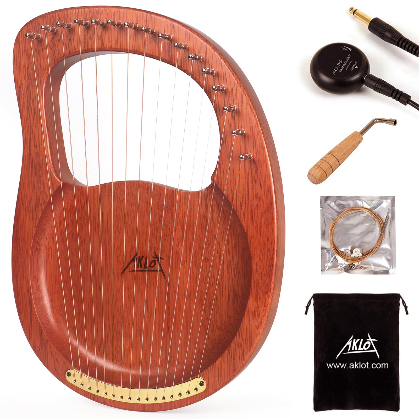 AKLOT Lyre Harpe 16 cordes métalliques en acajou avec clé à accorder, Ramassage,sac de transport noir