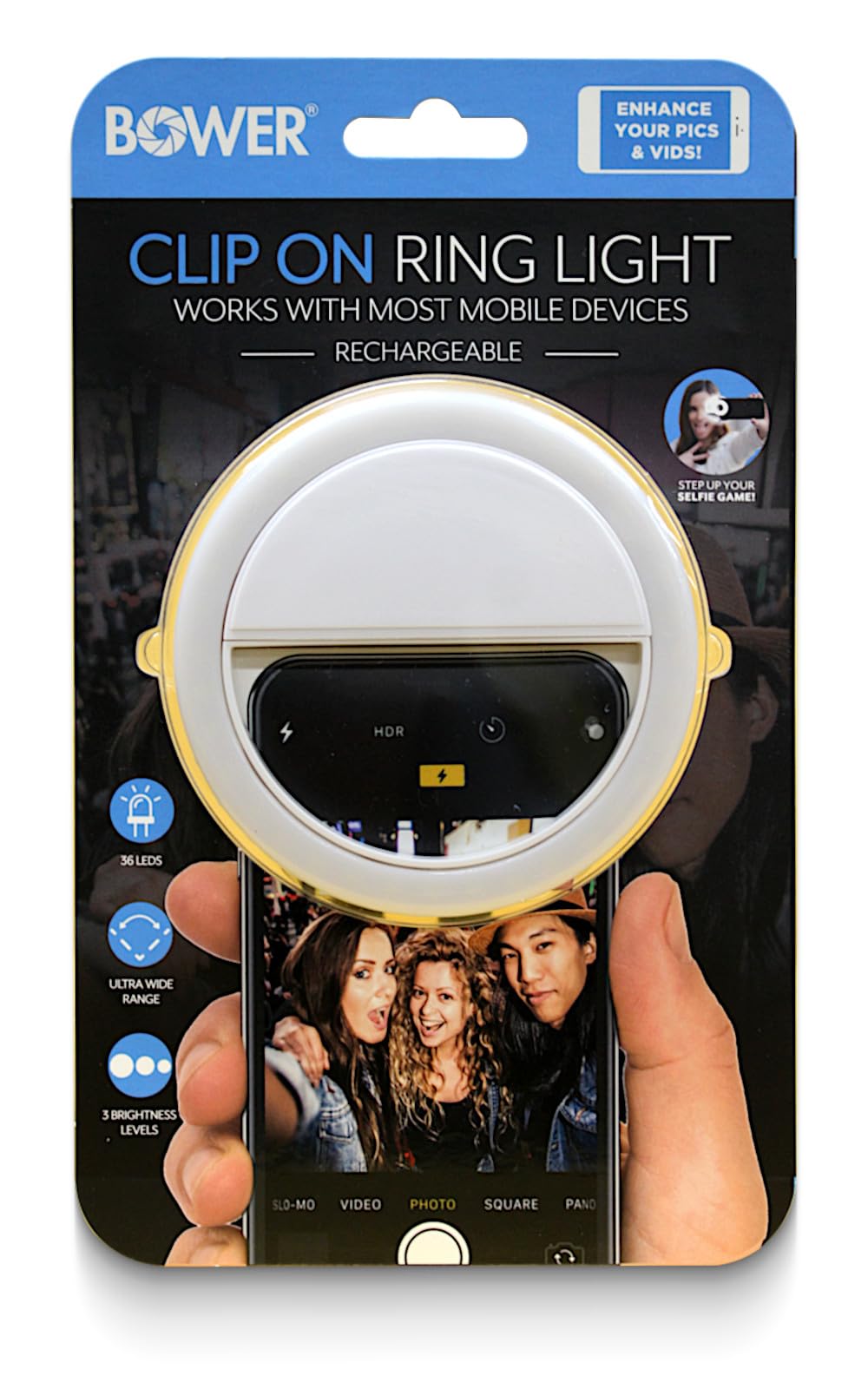 Bower Clip On Ring Light for Phone | 36 LED Ultra Wide Range Rechargeable Selfie Light with 3 Brightness Levels - Great for Selfie Photos, Vlogging, Make-Up, Dark Scenery, and More.