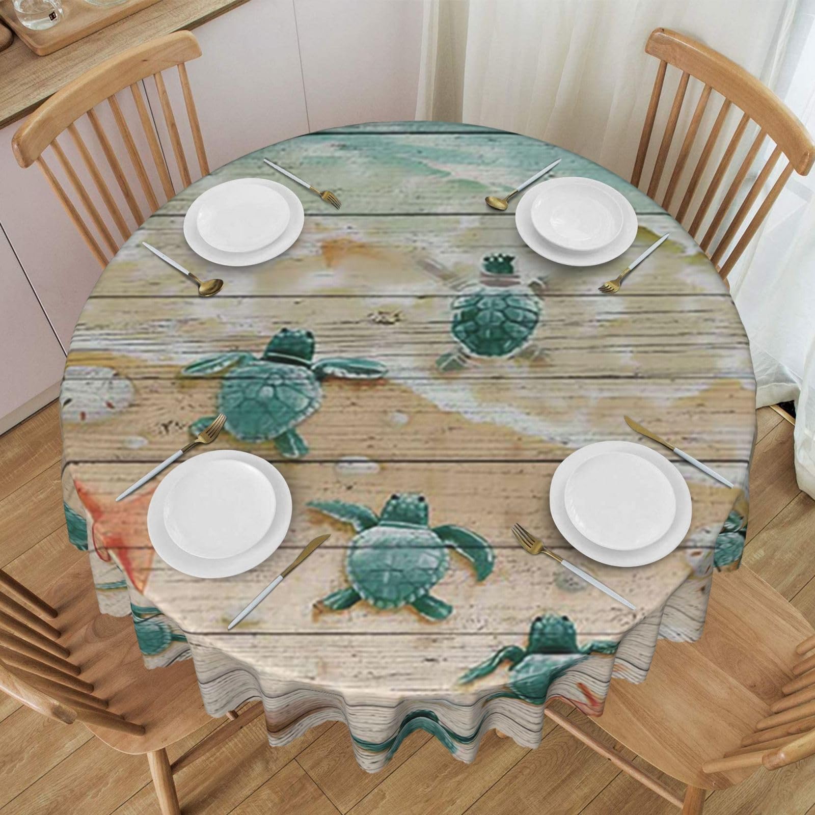 DCEHGEW 60 In Round Tablecloth with Lace, Sea Turtle Beach Printed Oilproof & Washable Fabric Picnic Table Cloth Table Covers