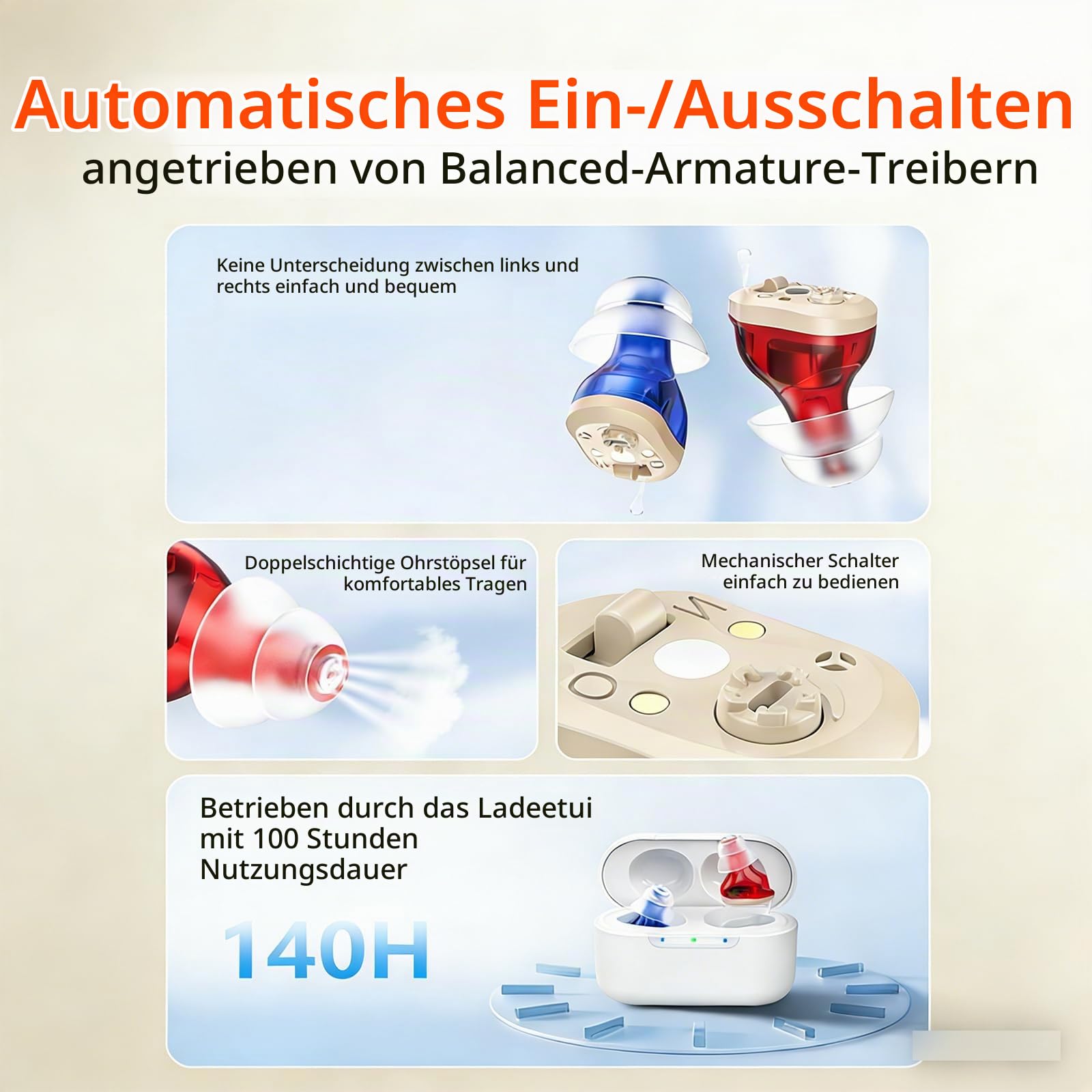 Wiederaufladbares Soundgerät für Senioren & Erwachsene, Unsichtbares Soundgerät mit 7 unterschiedlich großen Silikon-Ohrstöpseln, In-Ear Invisible Design, Sound Excellence, Comfort Fit (Rot & Blau)