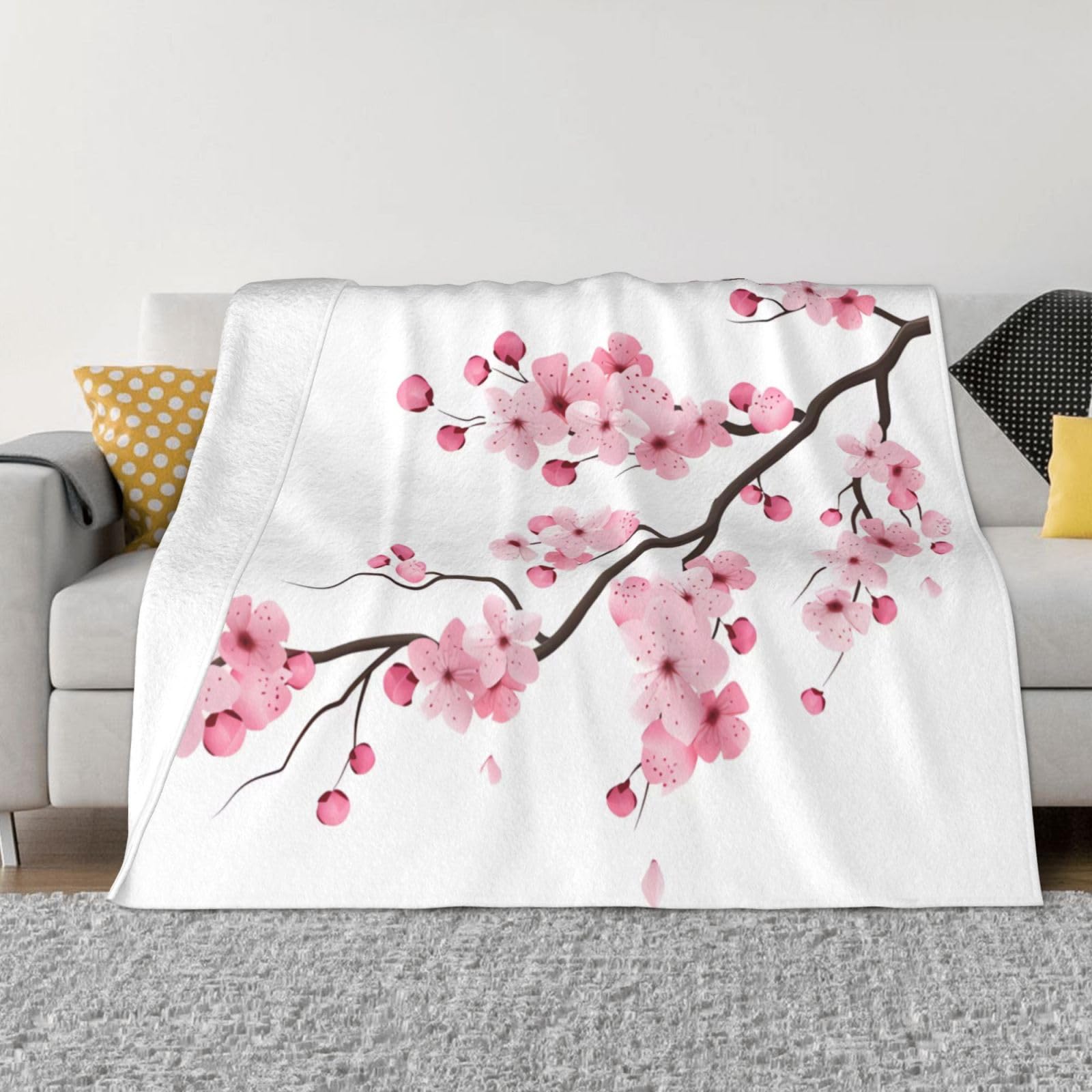 Couverture flanelle fleurs de cerisier anti-froid pour canapé et lit douillet