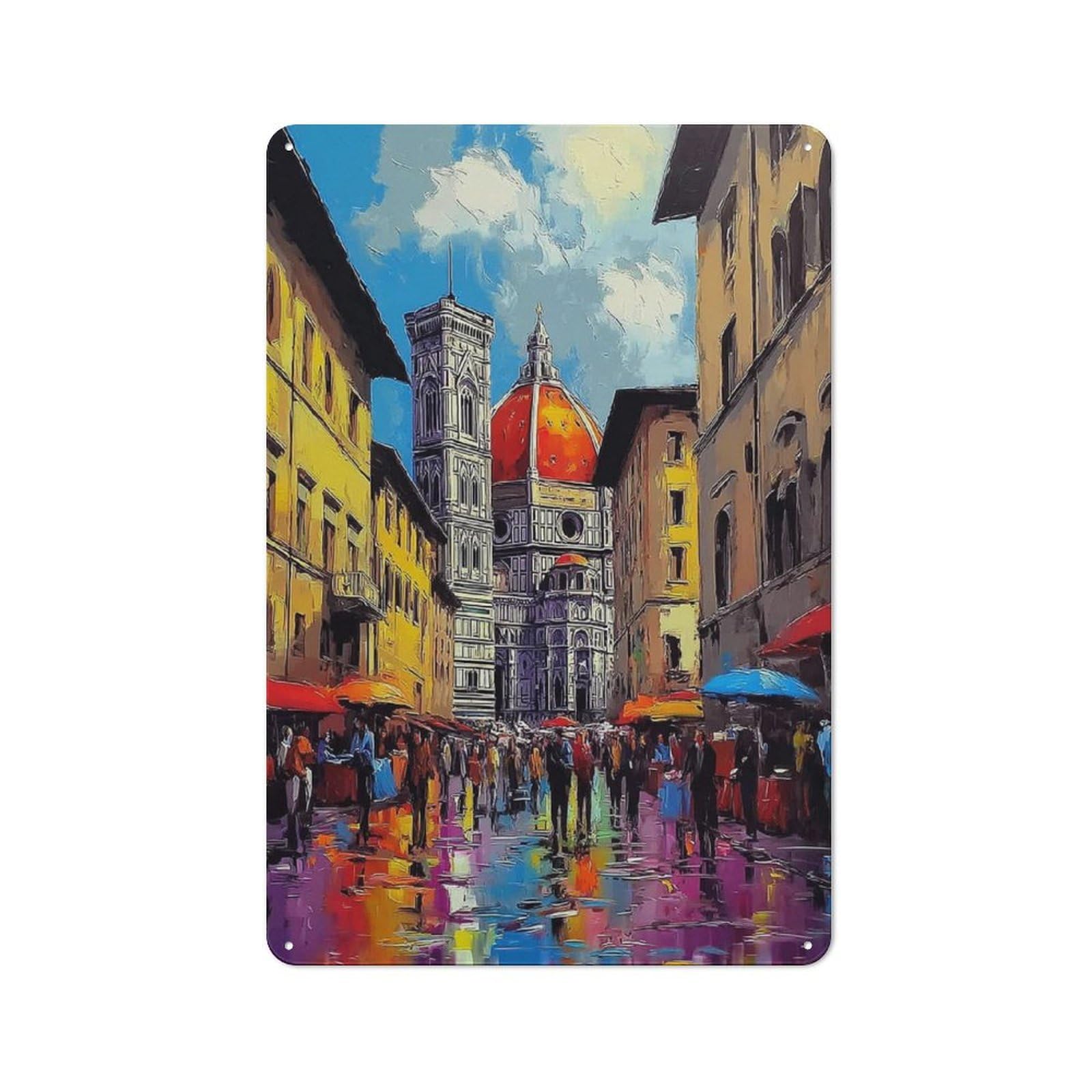 Junmoney Florence Market Scene With Dome Vintage Tin Sign 30X20cm With For Guest Room Or Hallway, For Collectors Decorating Guest Rooms And Hallways